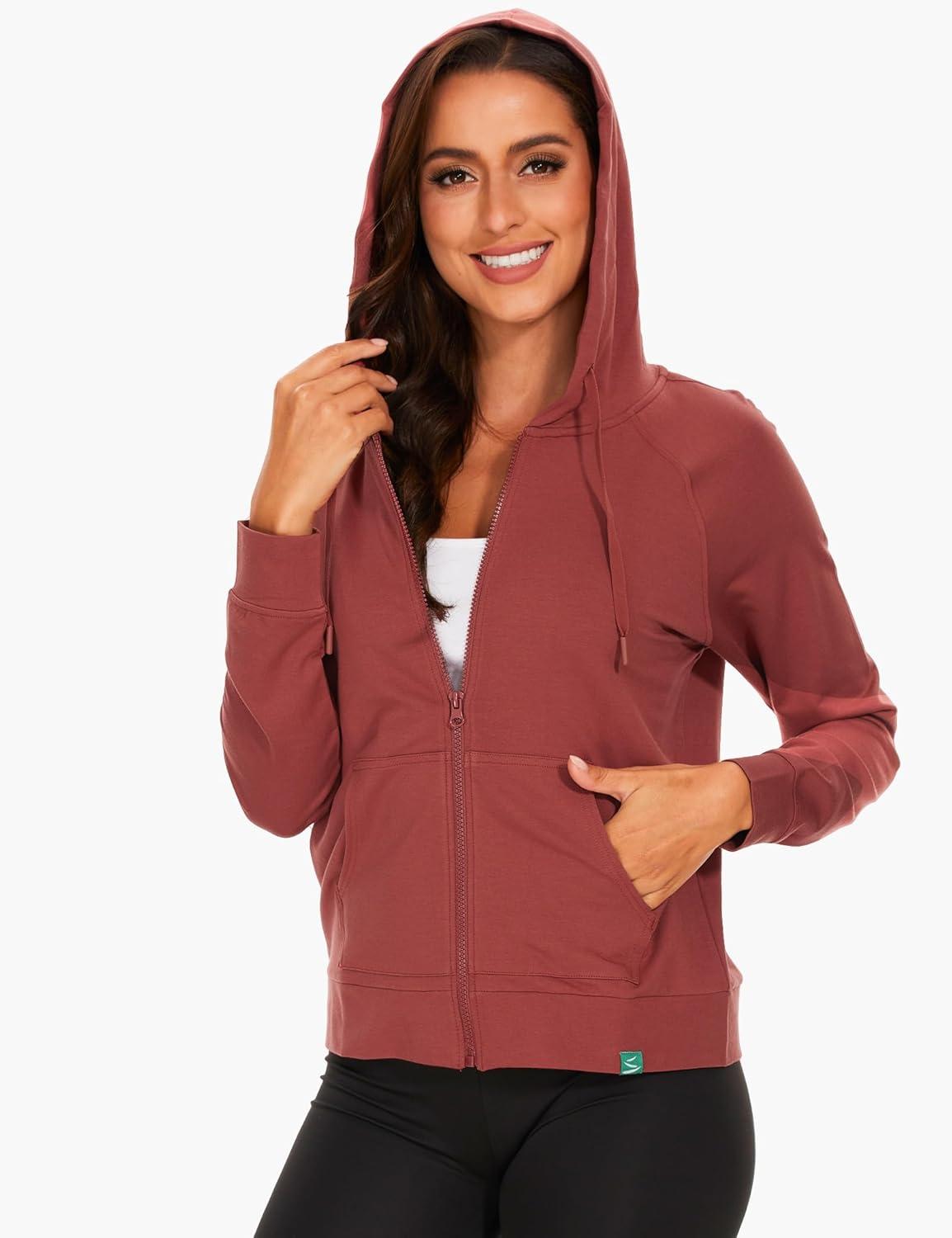 imageGYS Full Zip Up Hoodies for Women Bamboo Viscose Lightweight Hooded Sweatshirt with Pocket Casual Long Sleeve Terry TopBrick Red