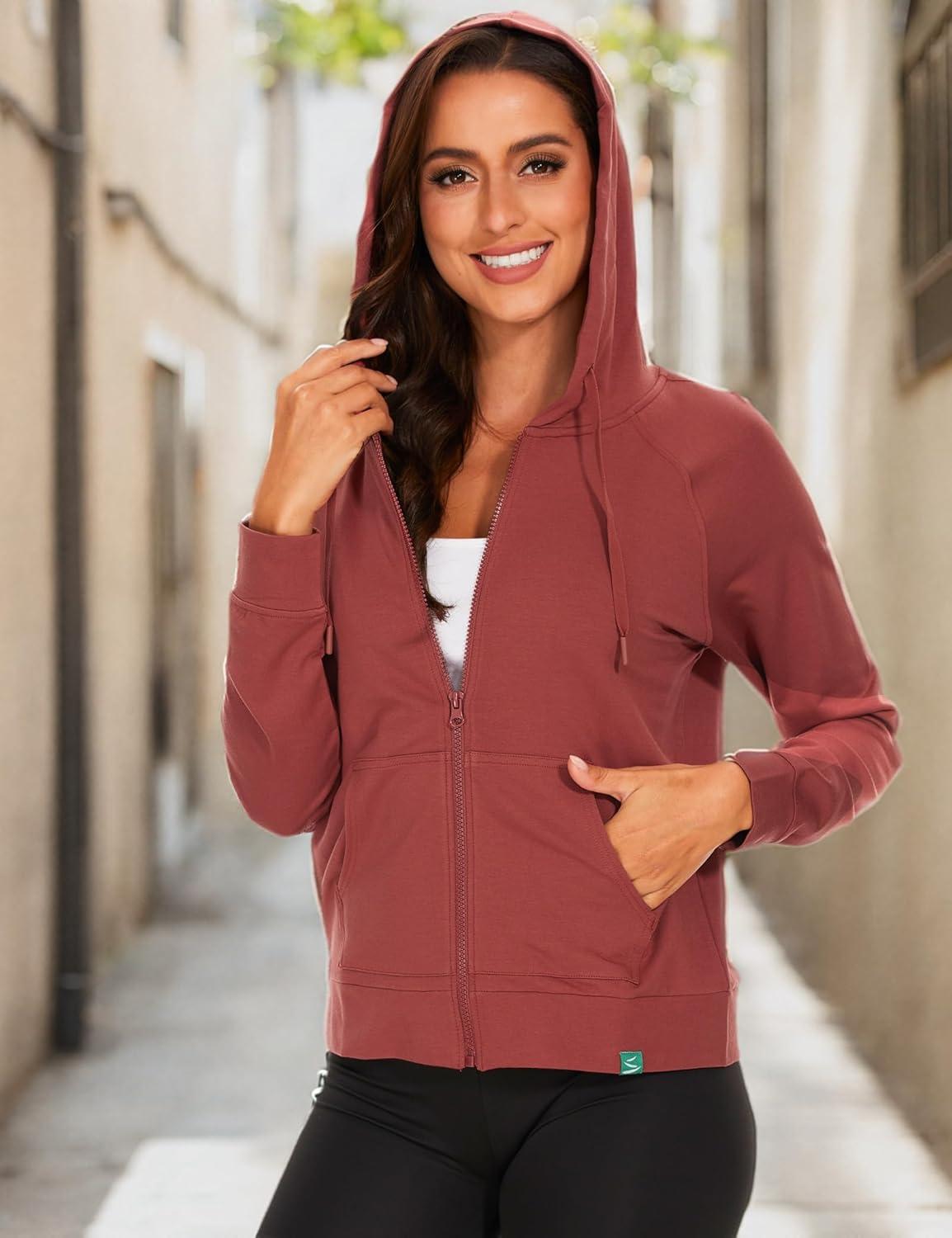 imageGYS Full Zip Up Hoodies for Women Bamboo Viscose Lightweight Hooded Sweatshirt with Pocket Casual Long Sleeve Terry TopBrick Red