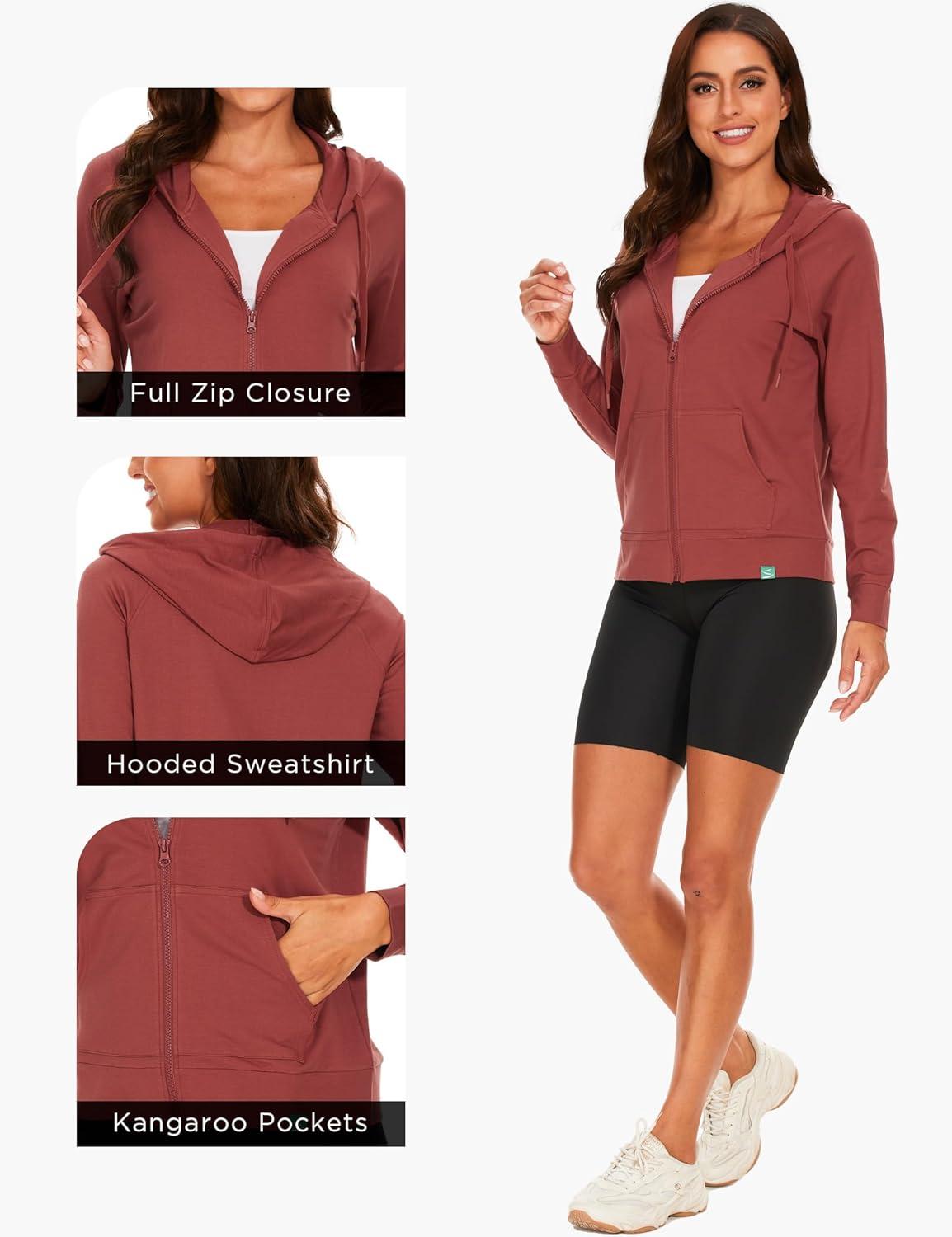 imageGYS Full Zip Up Hoodies for Women Bamboo Viscose Lightweight Hooded Sweatshirt with Pocket Casual Long Sleeve Terry TopBrick Red