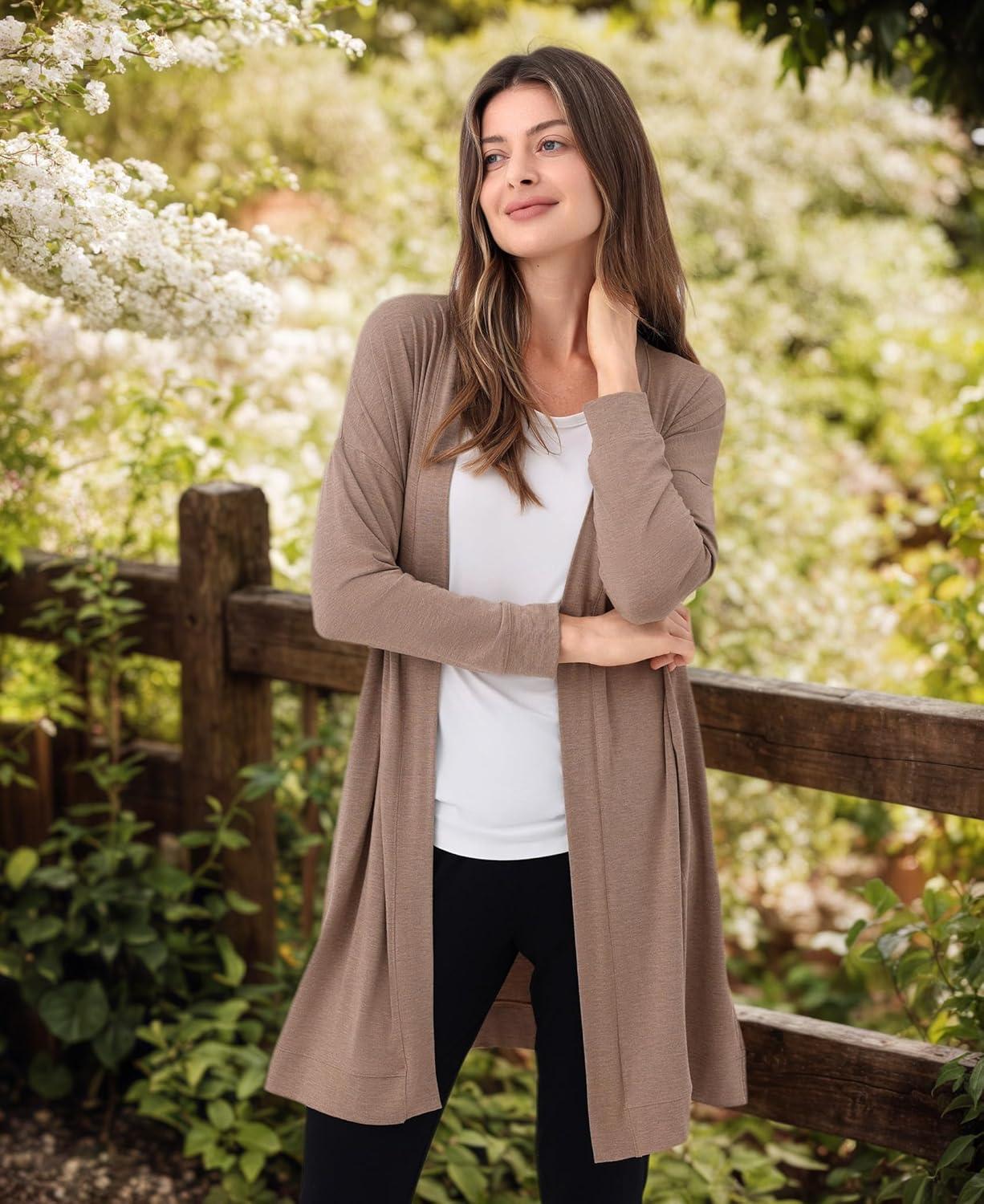 imageGYS Open Front Cardigan for Women Bamboo Viscose Lightweight Womens Cardigan with Pocketes Long Sleeve Casual Relaxed CoatCamel