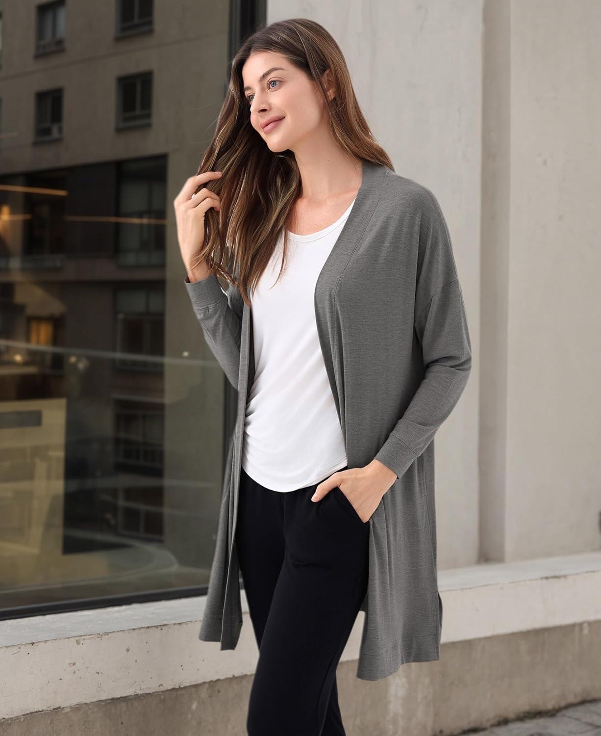imageGYS Open Front Cardigan for Women Bamboo Viscose Lightweight Womens Cardigan with Pocketes Long Sleeve Casual Relaxed CoatDark Heather Grey