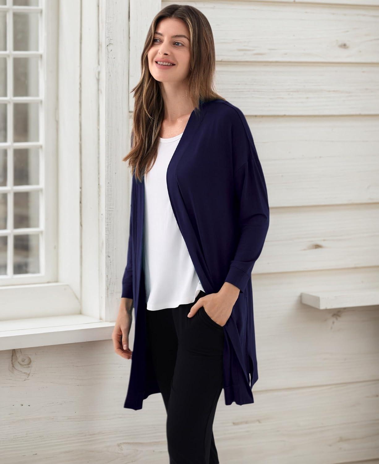 imageGYS Open Front Cardigan for Women Bamboo Viscose Lightweight Womens Cardigan with Pocketes Long Sleeve Casual Relaxed CoatNavy