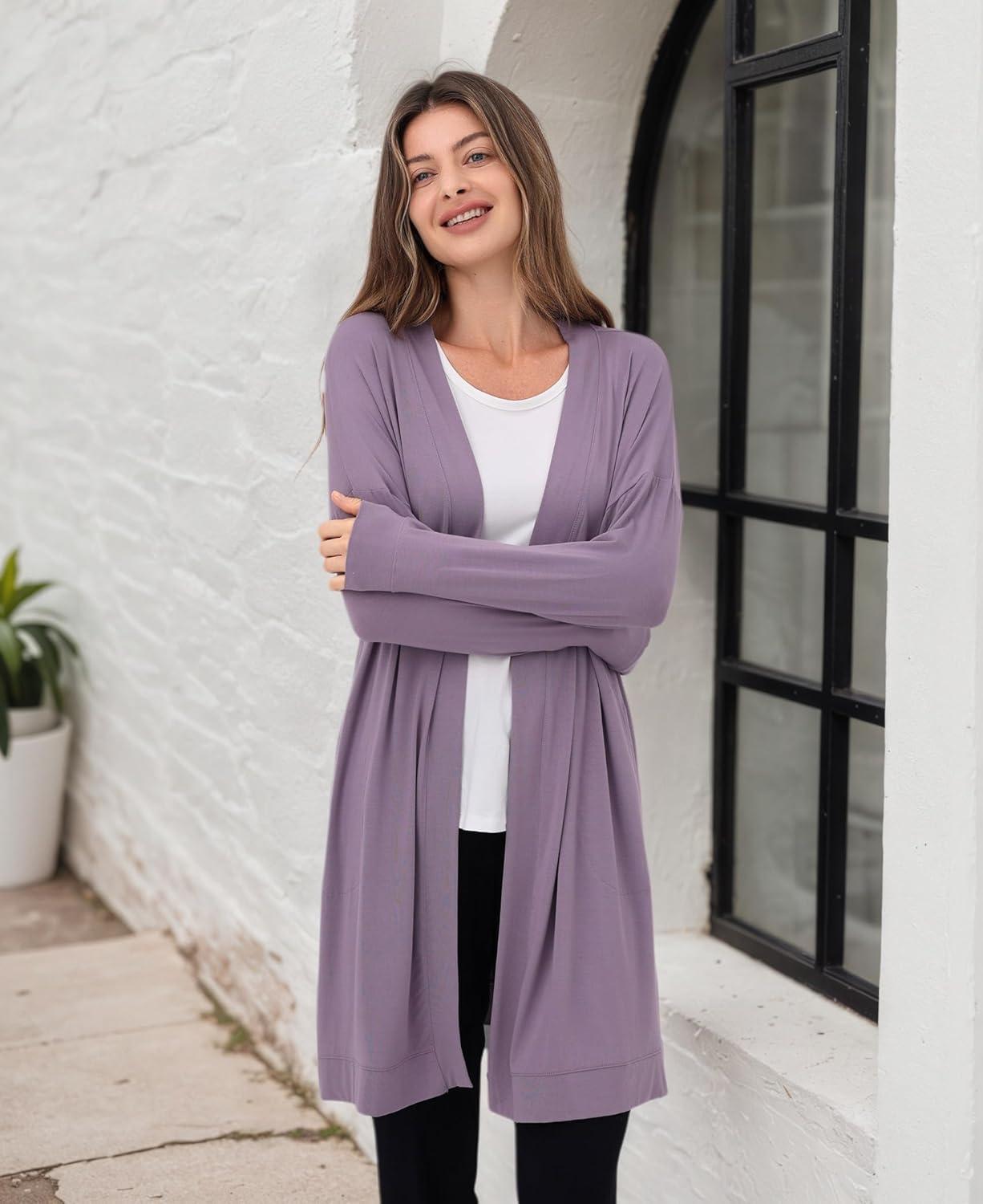 imageGYS Open Front Cardigan for Women Bamboo Viscose Lightweight Womens Cardigan with Pocketes Long Sleeve Casual Relaxed CoatViolet