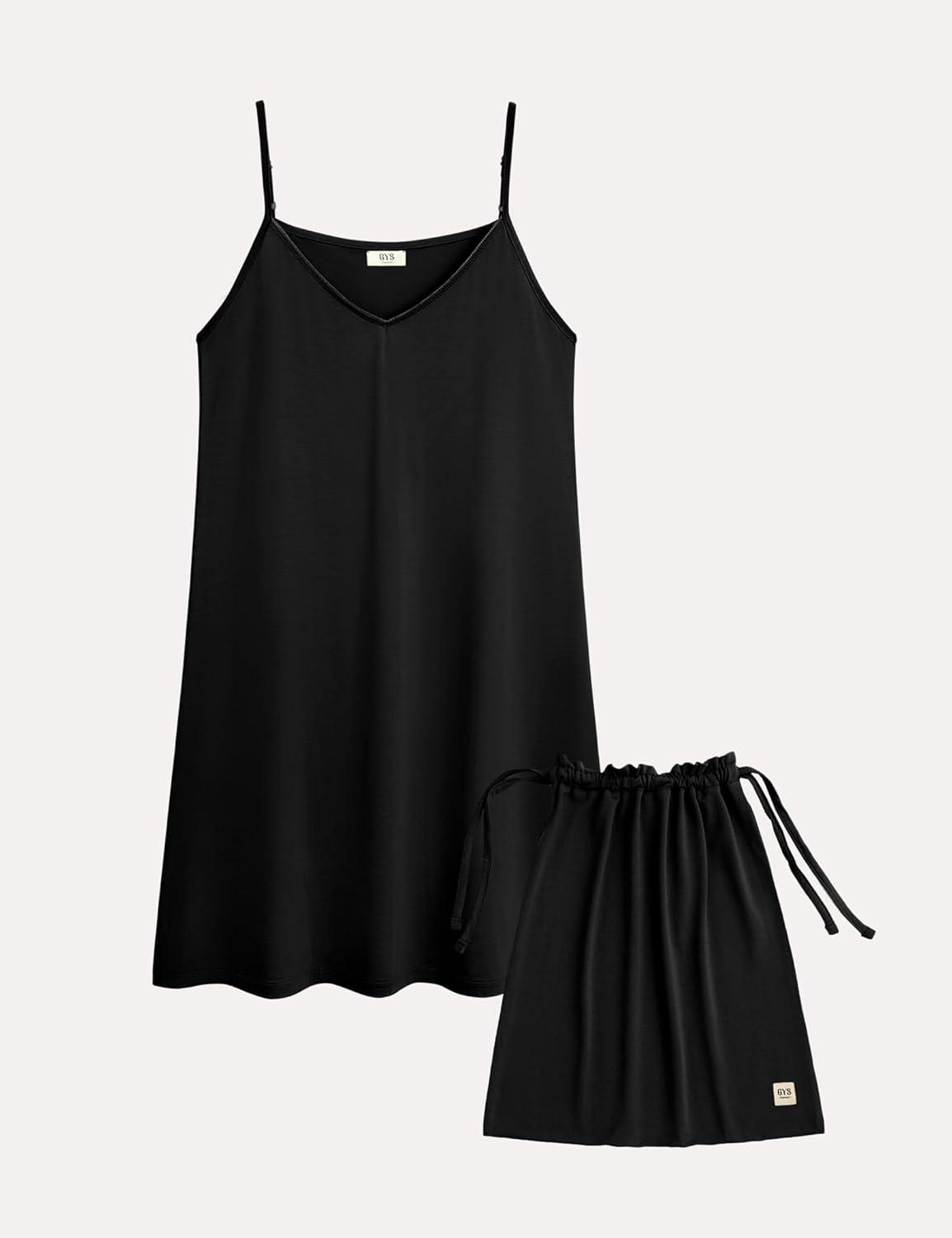 imageGYS Premium Bamboo Viscose Womens Full Slips Nightgown Soft and Lightweight Spaghetti Strap Sleep DressBlack