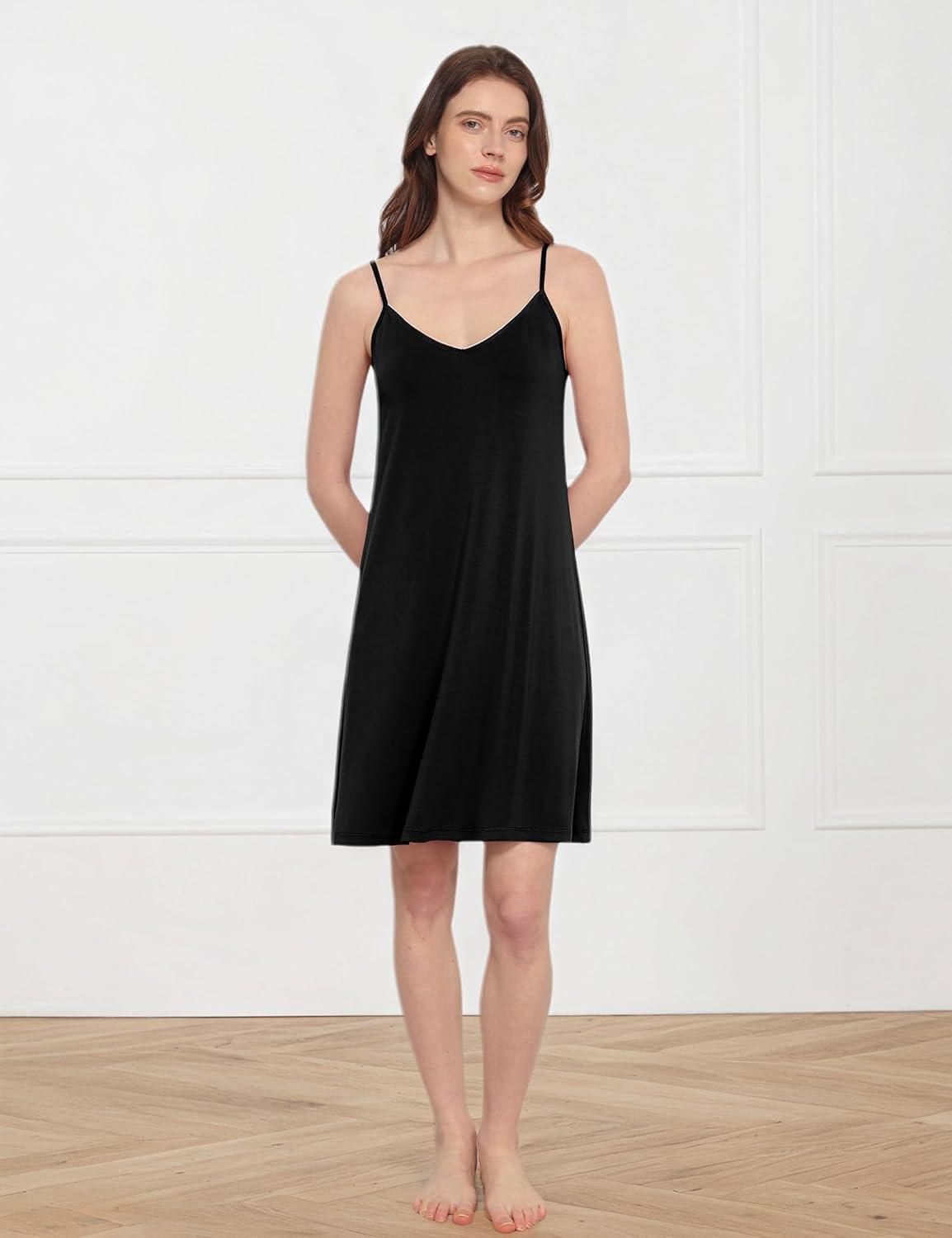 imageGYS Premium Bamboo Viscose Womens Full Slips Nightgown Soft and Lightweight Spaghetti Strap Sleep DressBlack