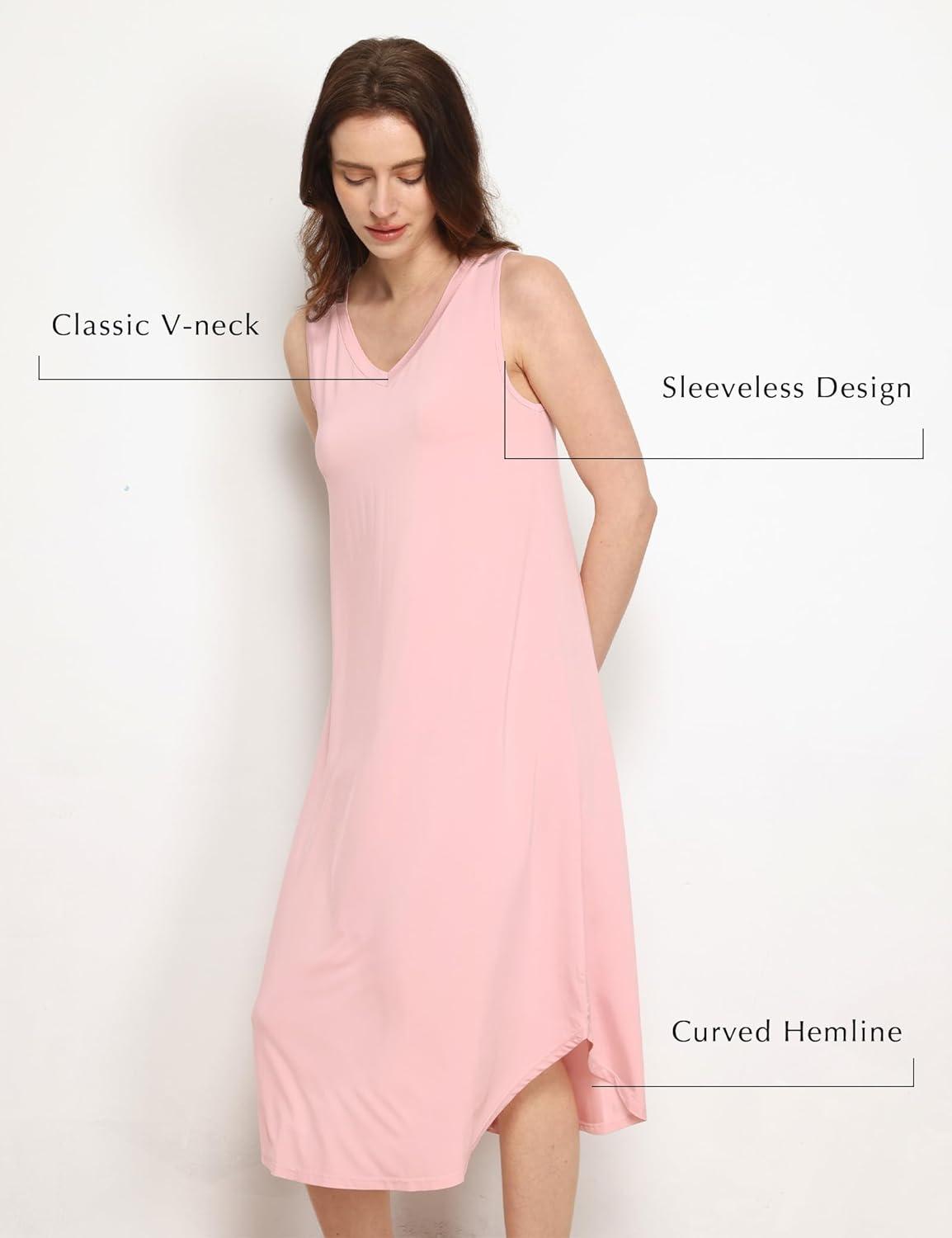 imageGYS Premium Sleeveless Nightgowns for Women Soft Bamboo Viscose V Neck Tank Pajama DressPink