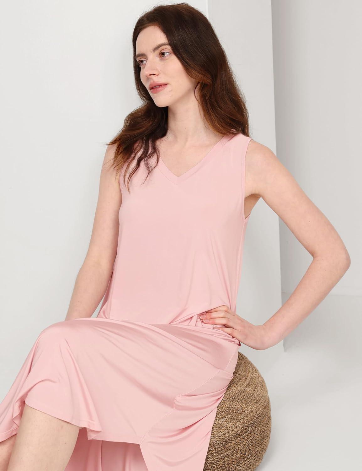 imageGYS Premium Sleeveless Nightgowns for Women Soft Bamboo Viscose V Neck Tank Pajama DressPink