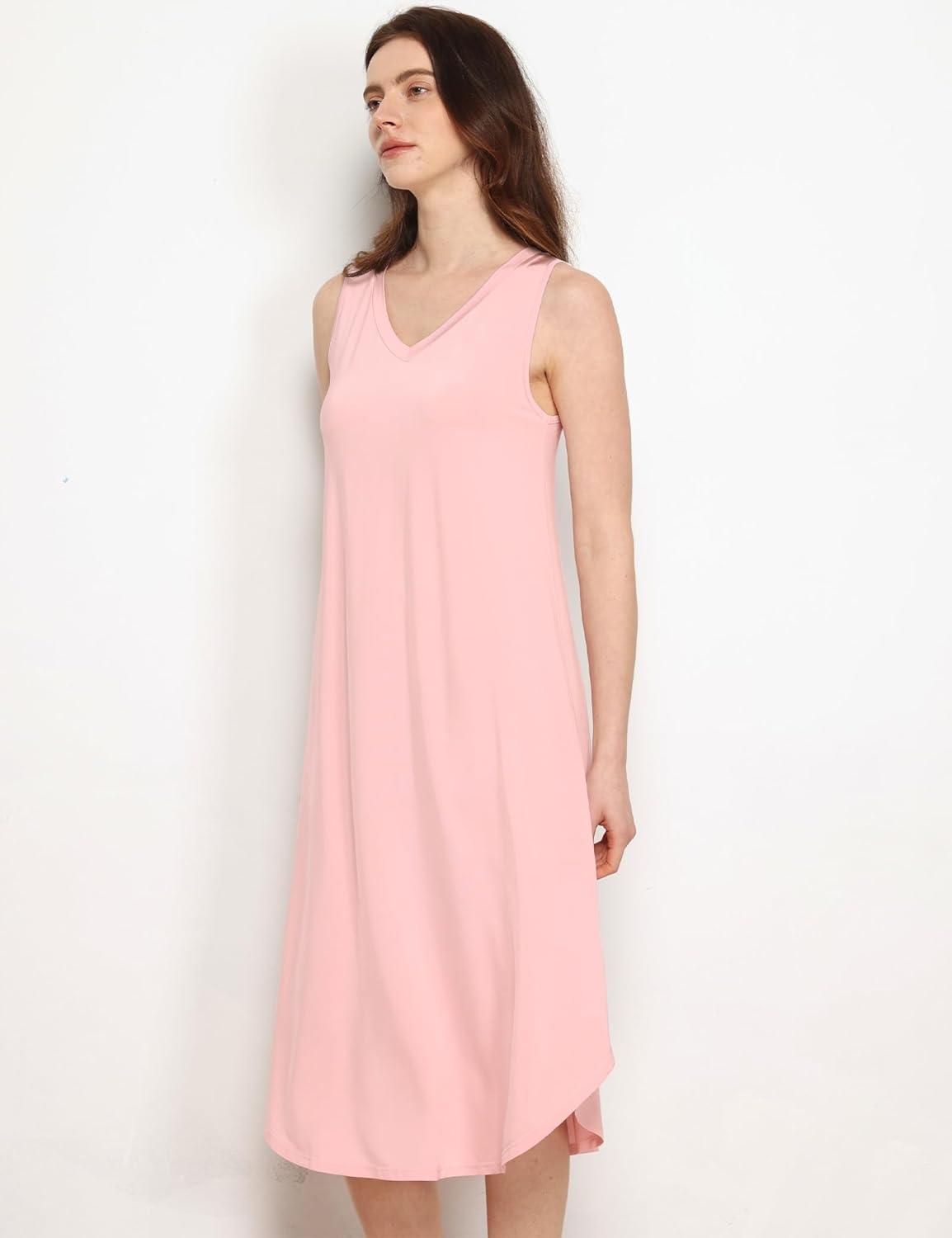 imageGYS Premium Sleeveless Nightgowns for Women Soft Bamboo Viscose V Neck Tank Pajama DressPink