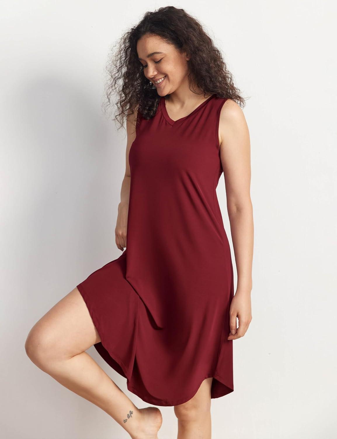 imageGYS Premium Sleeveless Nightgowns for Women Soft Bamboo Viscose V Neck Tank Pajama DressWine Red
