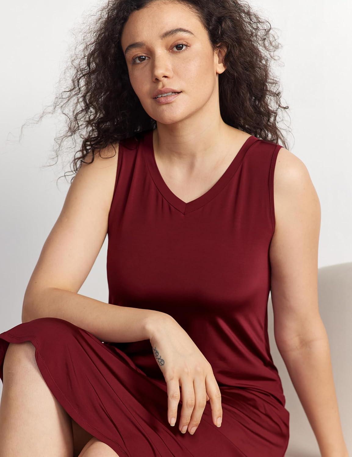 imageGYS Premium Sleeveless Nightgowns for Women Soft Bamboo Viscose V Neck Tank Pajama DressWine Red