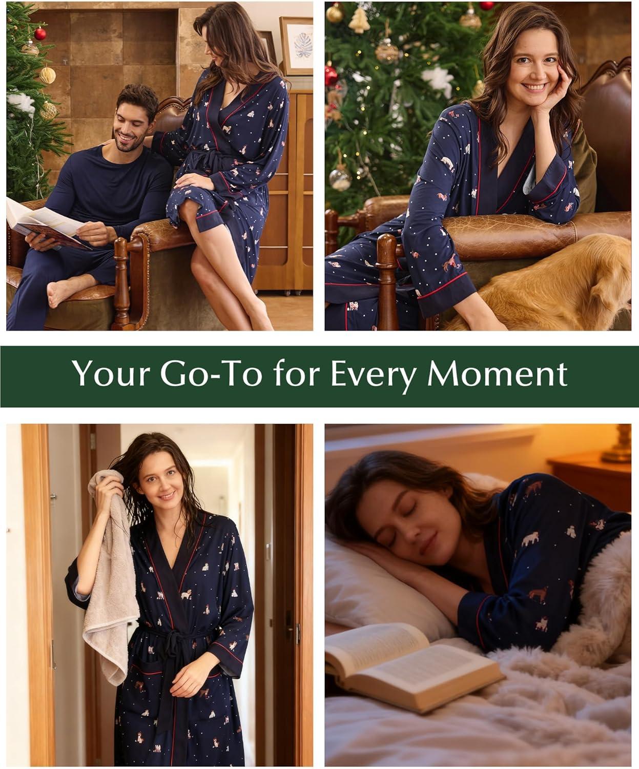 imageGYS Premium Viscose from Bamboo Robe for Women Long Sleeve Bathrobes Soft Kimono RobesNavy Christmas Puppy
