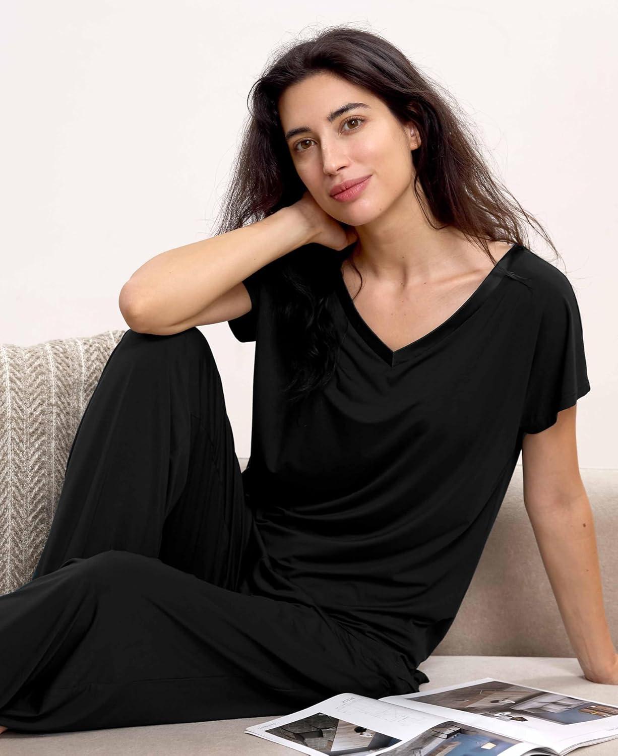 imageGYS Short Sleeve Pajama Set for Women Soft Bamboo Viscose Satin V Neck 2 Piece Sleep SetsBlack