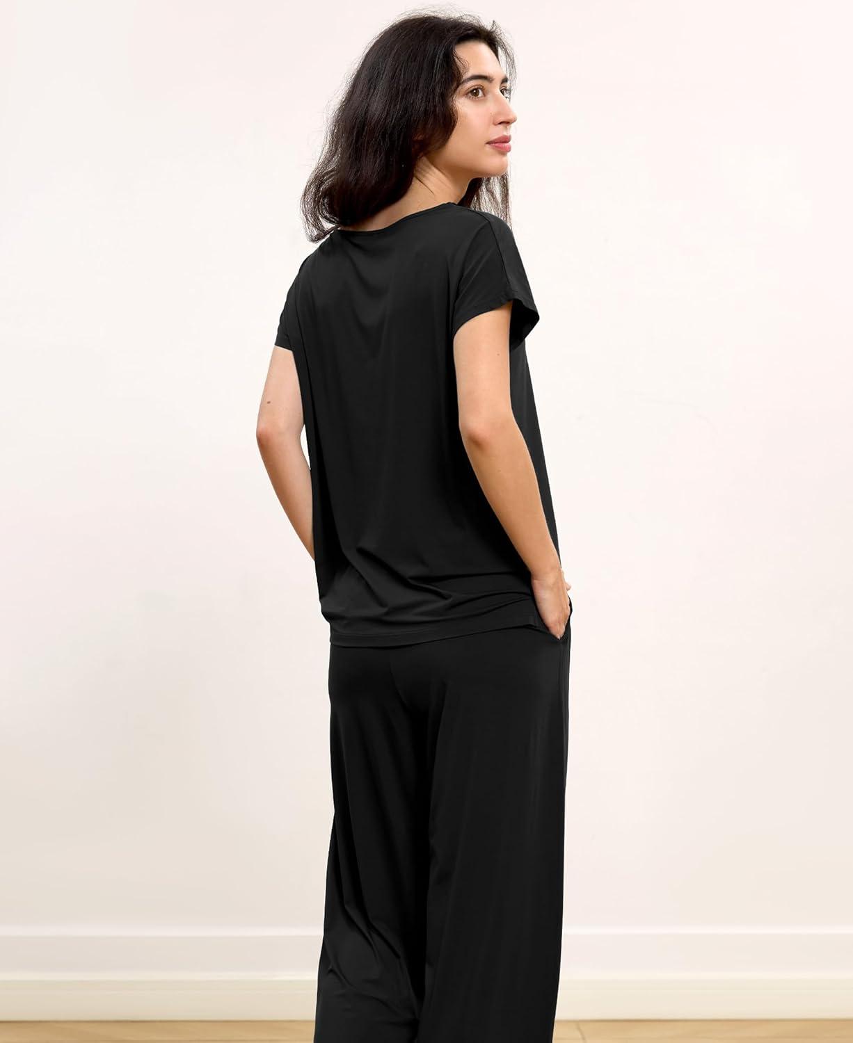 imageGYS Short Sleeve Pajama Set for Women Soft Bamboo Viscose Satin V Neck 2 Piece Sleep SetsBlack