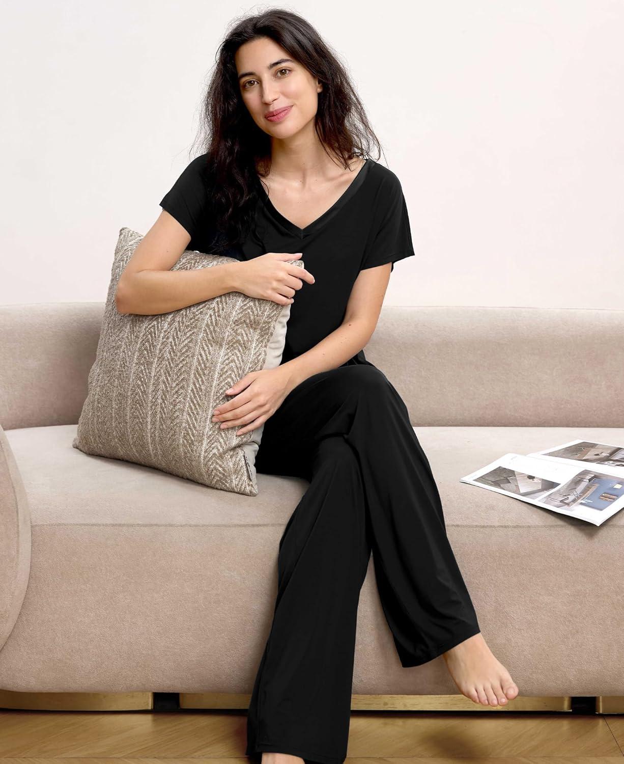 imageGYS Short Sleeve Pajama Set for Women Soft Bamboo Viscose Satin V Neck 2 Piece Sleep SetsBlack