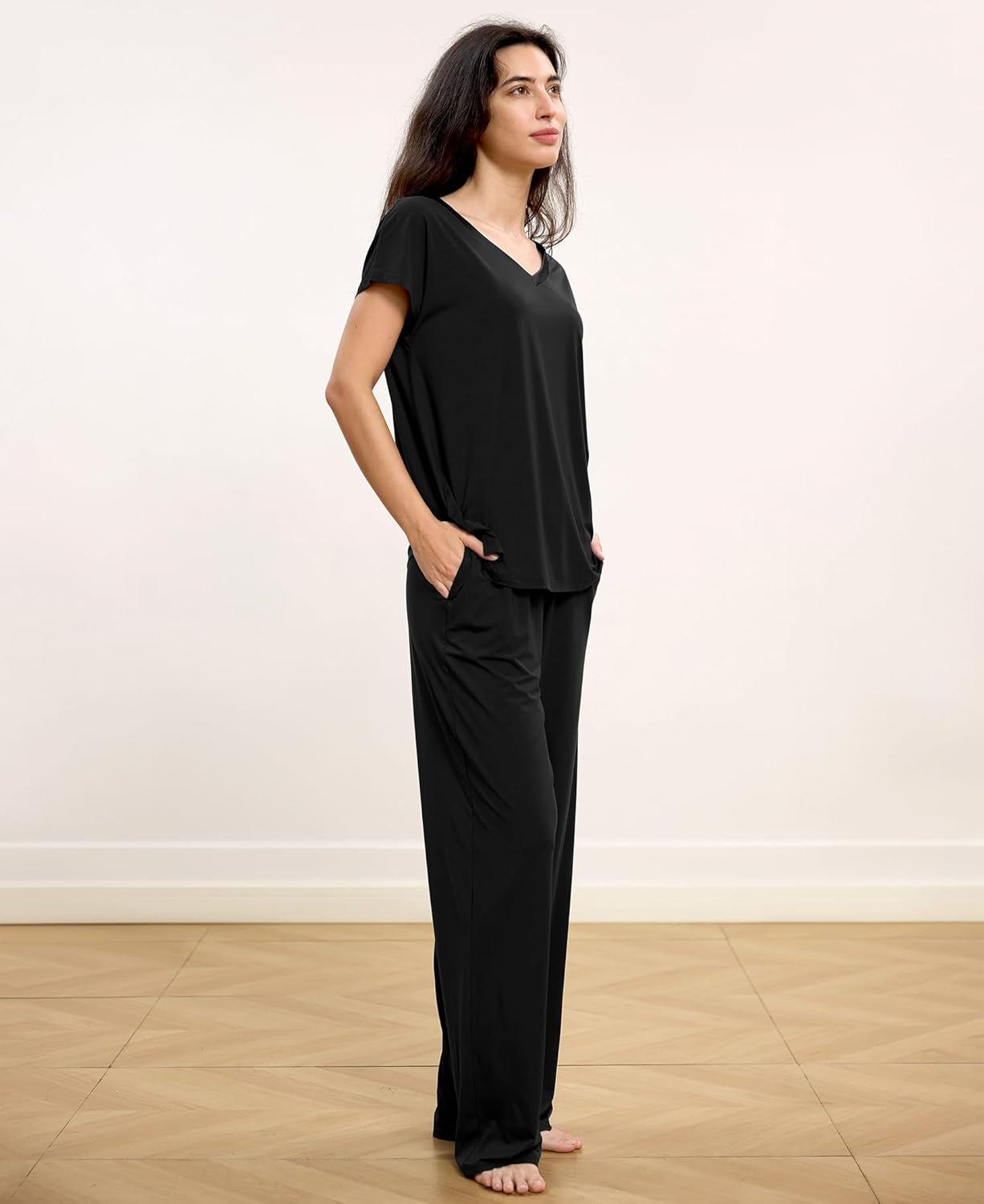 imageGYS Short Sleeve Pajama Set for Women Soft Bamboo Viscose Satin V Neck 2 Piece Sleep SetsBlack