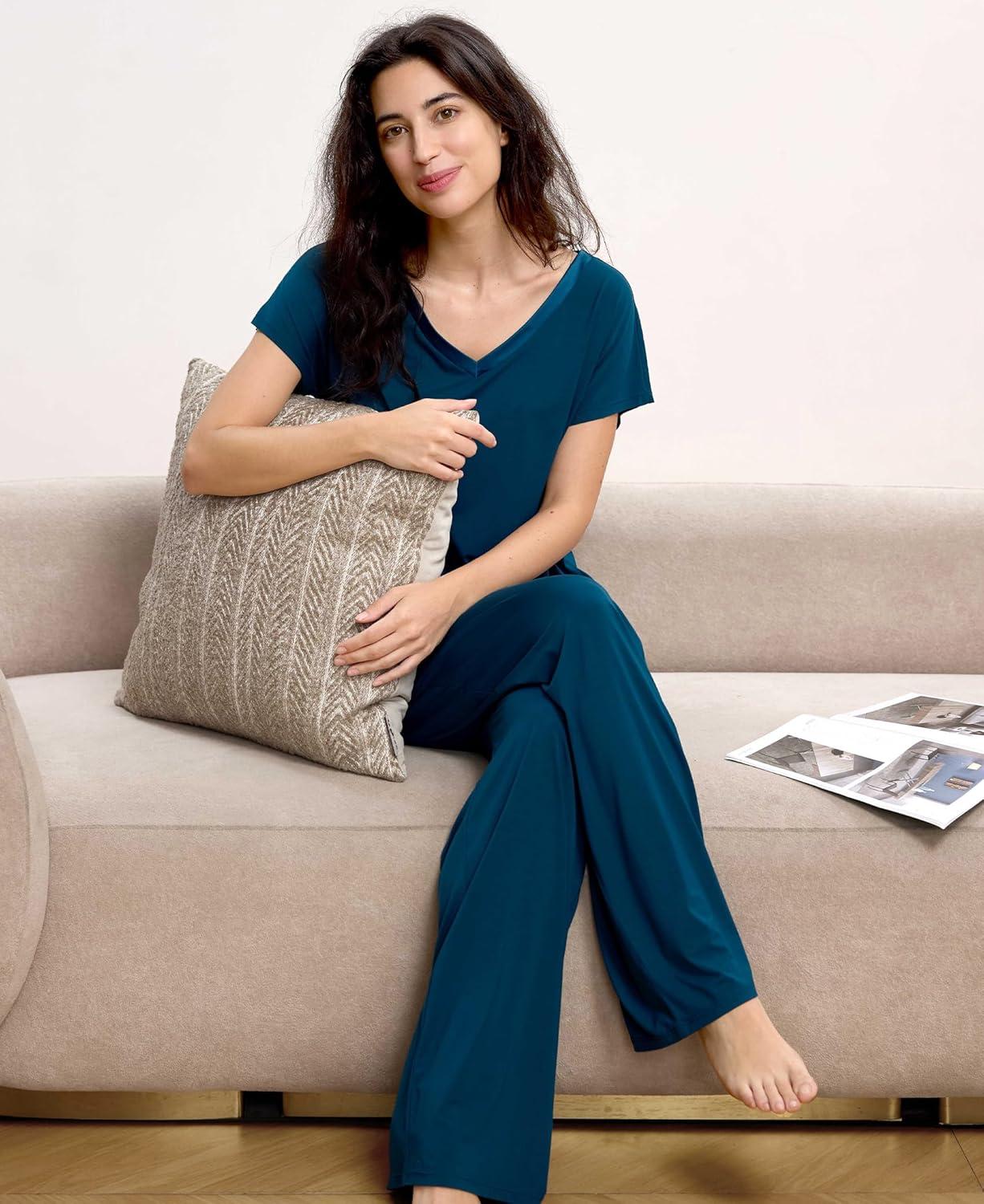 imageGYS Short Sleeve Pajama Set for Women Soft Bamboo Viscose Satin V Neck 2 Piece Sleep SetsInk Blue