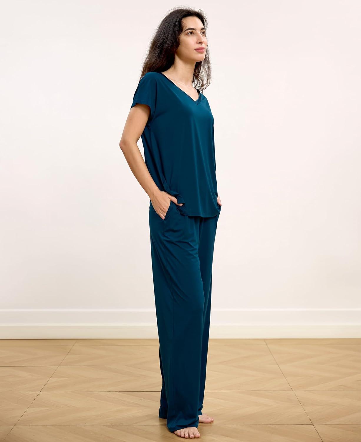imageGYS Short Sleeve Pajama Set for Women Soft Bamboo Viscose Satin V Neck 2 Piece Sleep SetsInk Blue