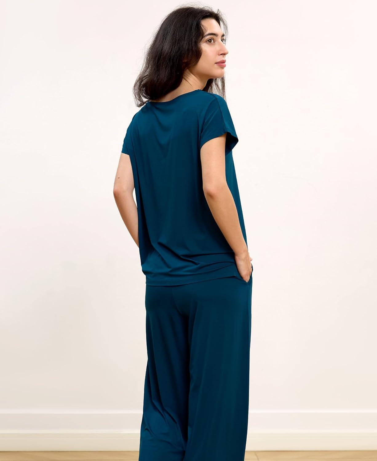 imageGYS Short Sleeve Pajama Set for Women Soft Bamboo Viscose Satin V Neck 2 Piece Sleep SetsInk Blue