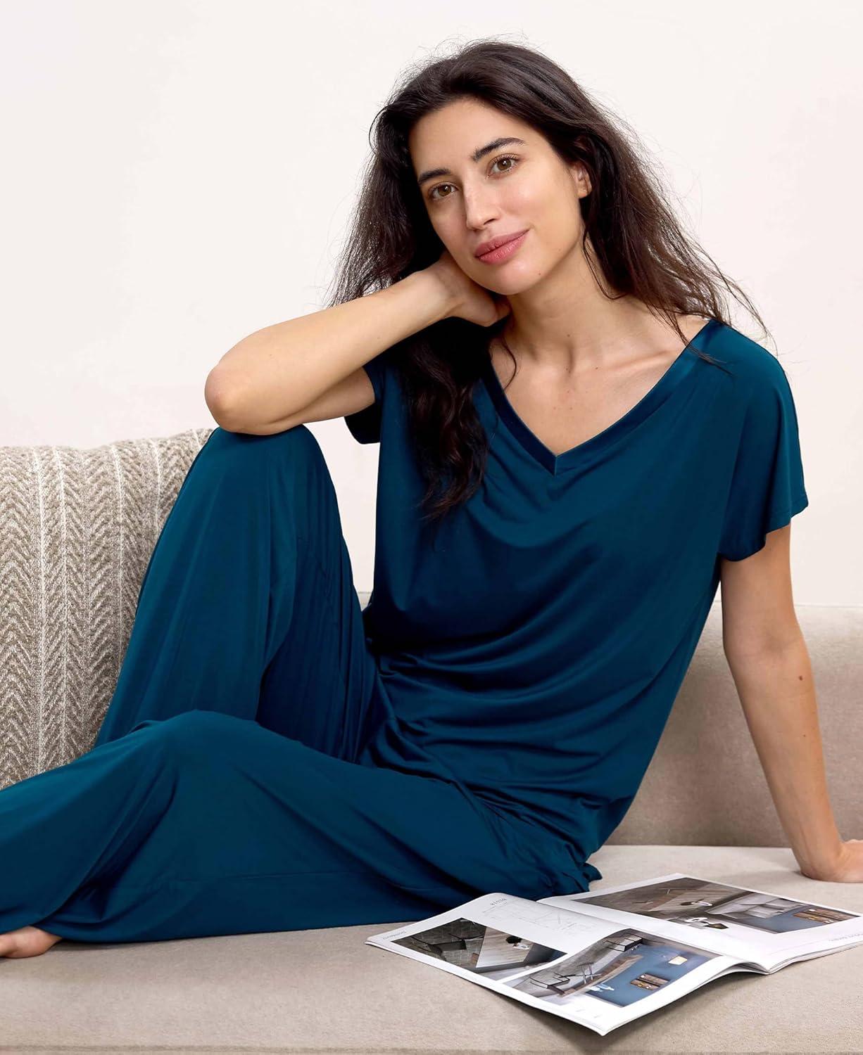 imageGYS Short Sleeve Pajama Set for Women Soft Bamboo Viscose Satin V Neck 2 Piece Sleep SetsInk Blue