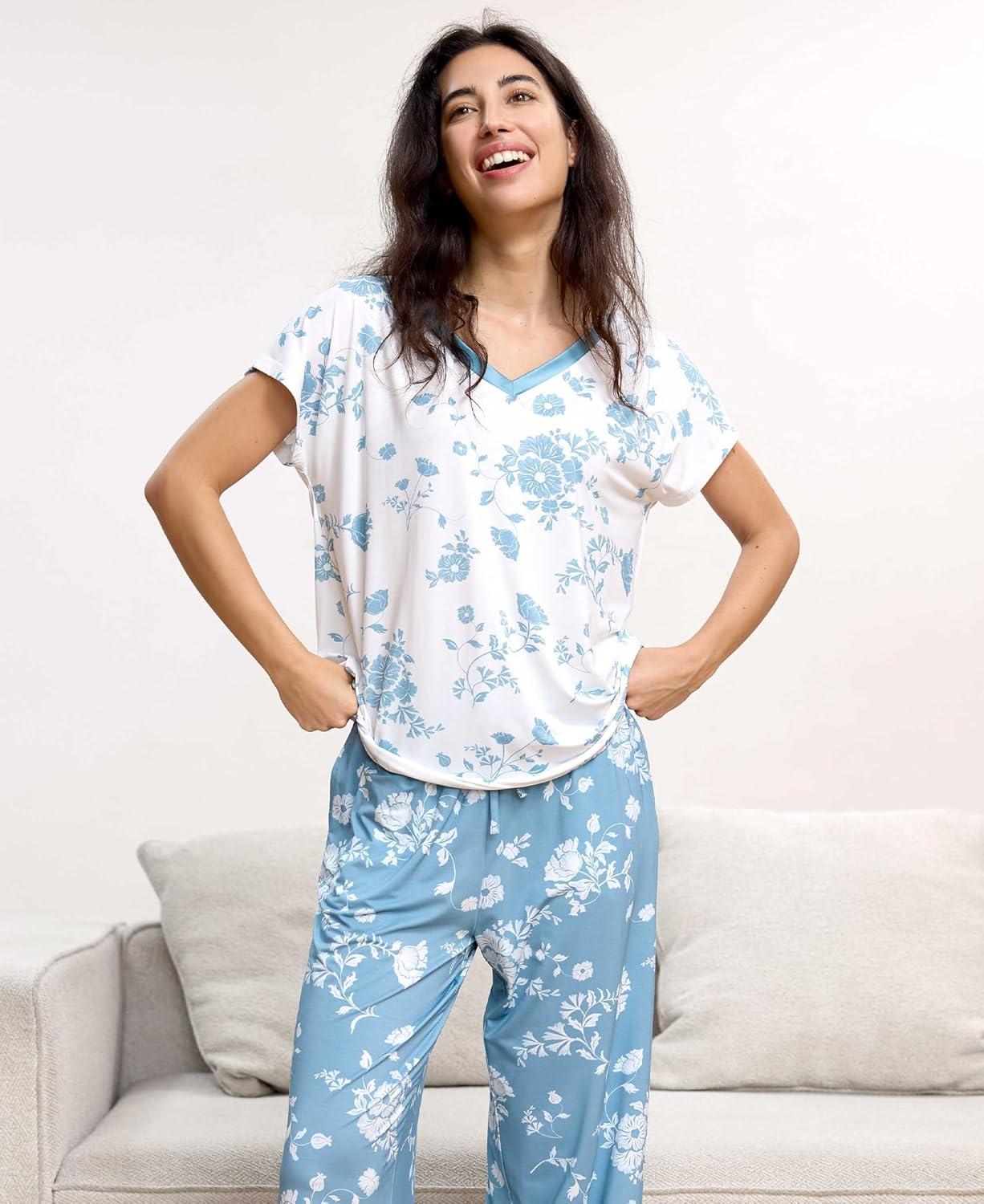 imageGYS Short Sleeve Pajama Set for Women Soft Bamboo Viscose Satin V Neck 2 Piece Sleep SetsLight Green Floral