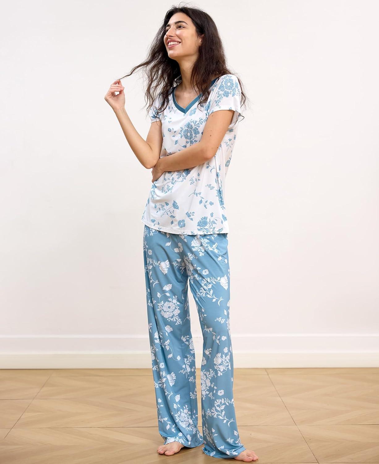imageGYS Short Sleeve Pajama Set for Women Soft Bamboo Viscose Satin V Neck 2 Piece Sleep SetsLight Green Floral
