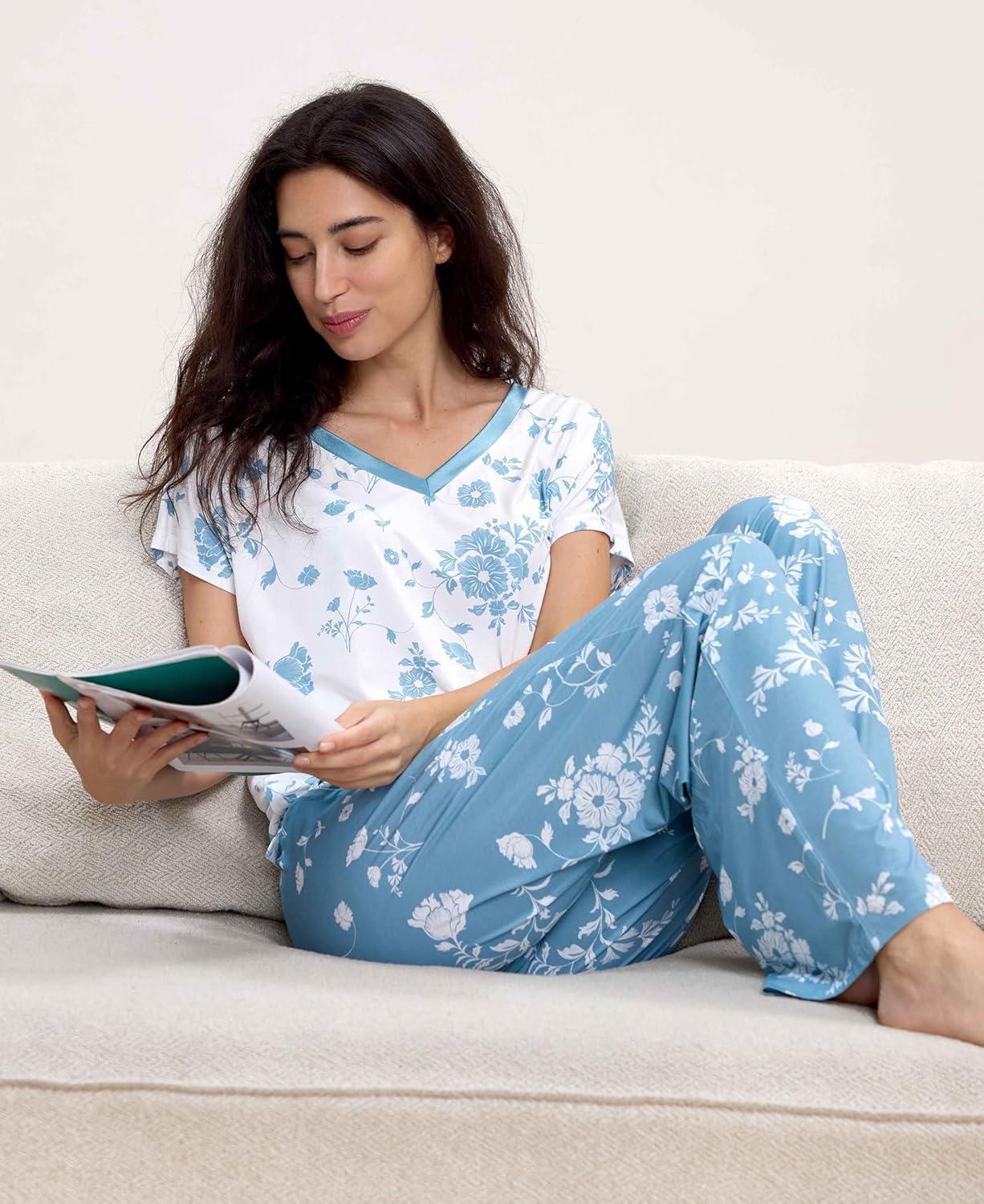 imageGYS Short Sleeve Pajama Set for Women Soft Bamboo Viscose Satin V Neck 2 Piece Sleep SetsLight Green Floral