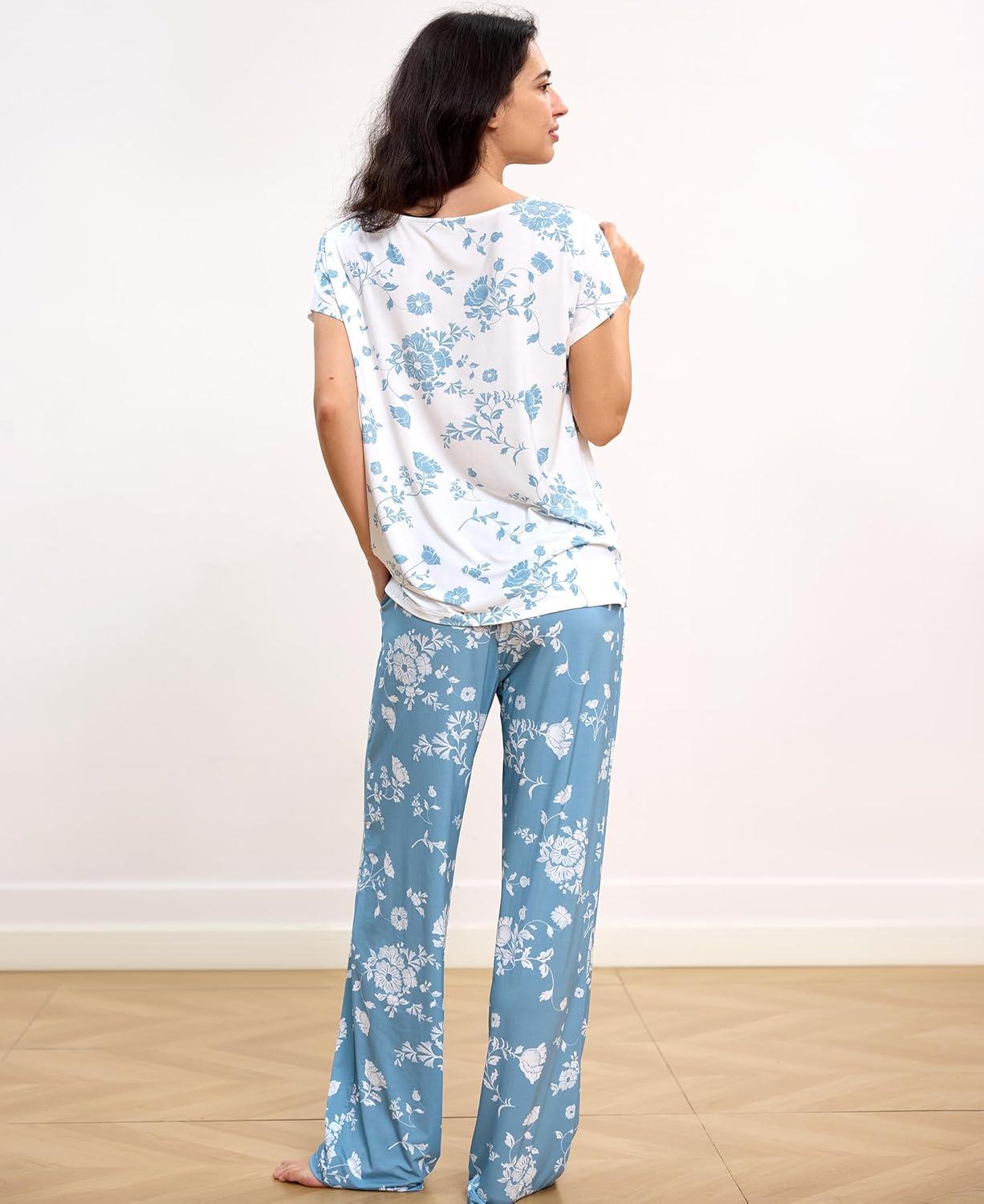 imageGYS Short Sleeve Pajama Set for Women Soft Bamboo Viscose Satin V Neck 2 Piece Sleep SetsLight Green Floral