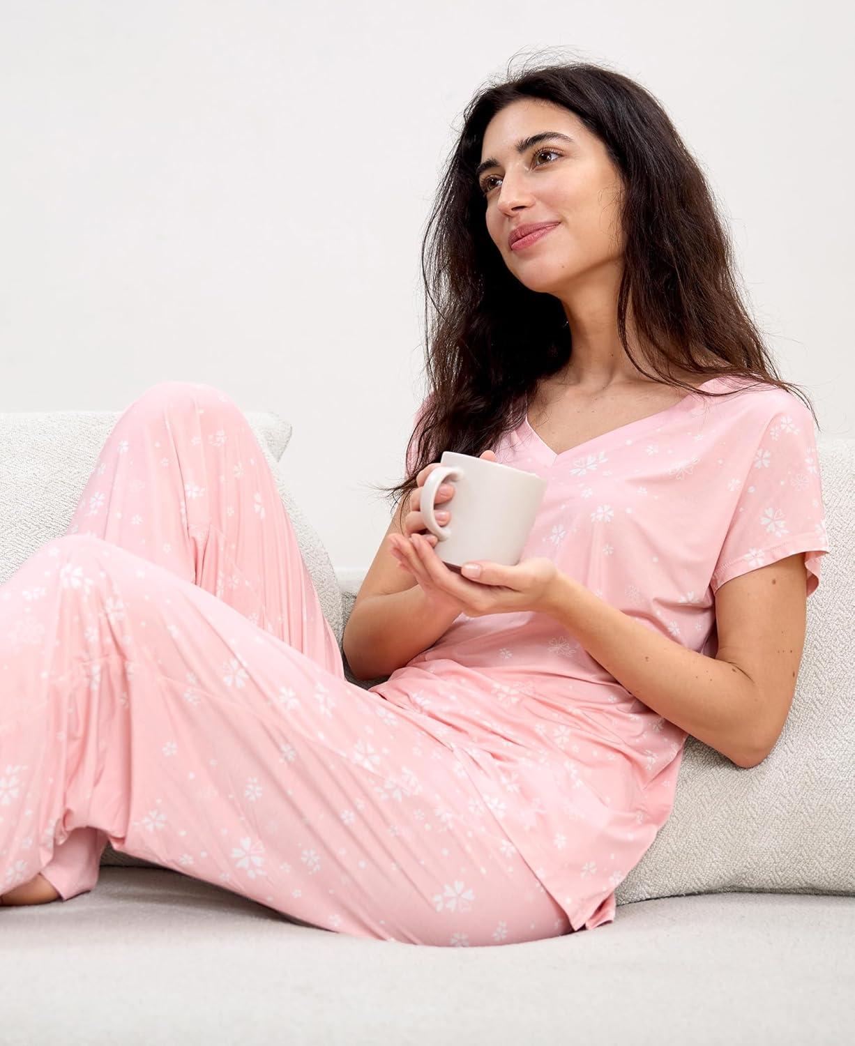 imageGYS Short Sleeve Pajama Set for Women Soft Bamboo Viscose Satin V Neck 2 Piece Sleep SetsPink Floral