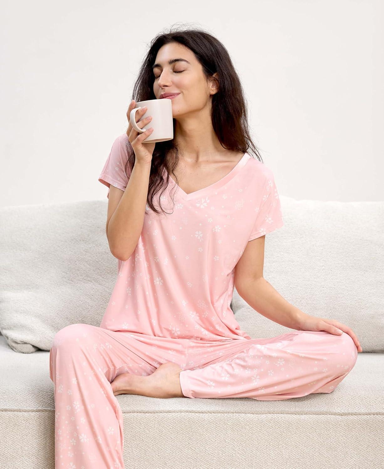 imageGYS Short Sleeve Pajama Set for Women Soft Bamboo Viscose Satin V Neck 2 Piece Sleep SetsPink Floral