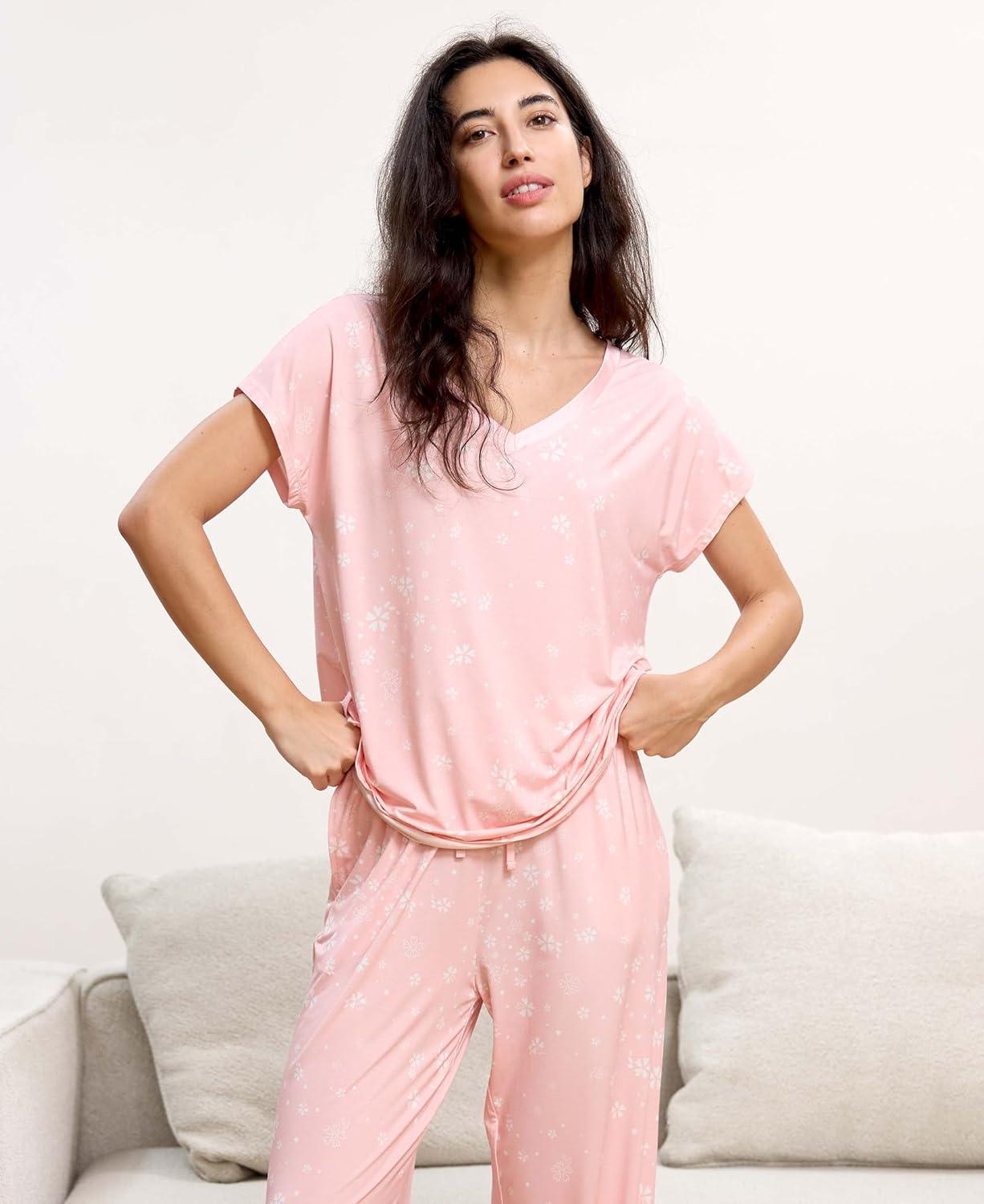 imageGYS Short Sleeve Pajama Set for Women Soft Bamboo Viscose Satin V Neck 2 Piece Sleep SetsPink Floral