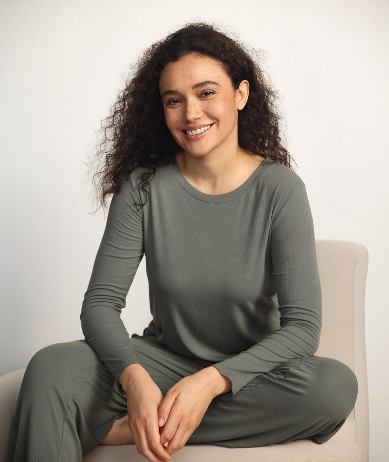imageGYS Womens Pajama Set Bamboo Viscose CloudSoft Long Sleeve Yearround Comfort Sleep SetsGrayish Green