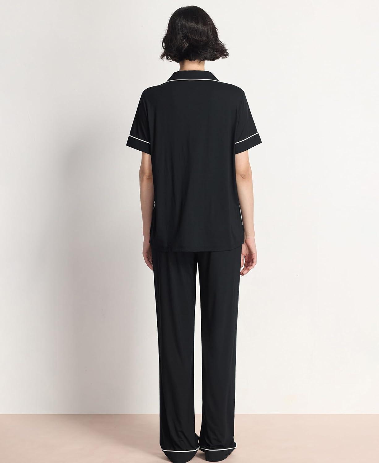 imageGYS Womens Pajama Set Bamboo Viscose Notch Collar Button Down Short Sleeve Top with Pants 2 Piece SleepwearBlack