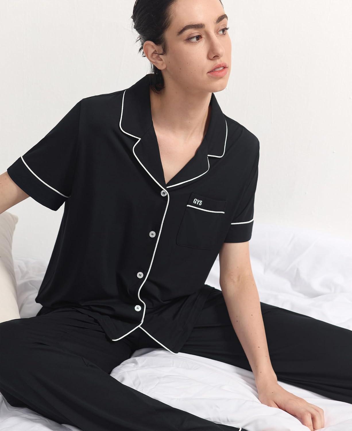 imageGYS Womens Pajama Set Bamboo Viscose Notch Collar Button Down Short Sleeve Top with Pants 2 Piece SleepwearBlack