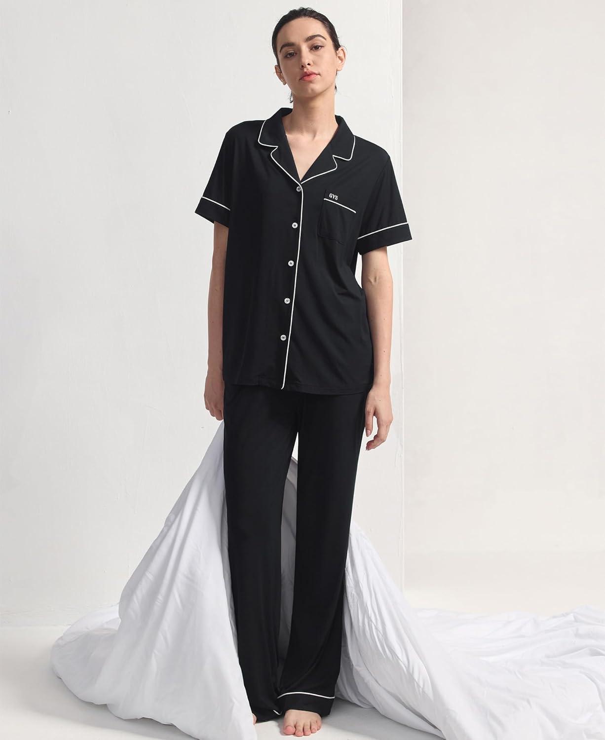 imageGYS Womens Pajama Set Bamboo Viscose Notch Collar Button Down Short Sleeve Top with Pants 2 Piece SleepwearBlack
