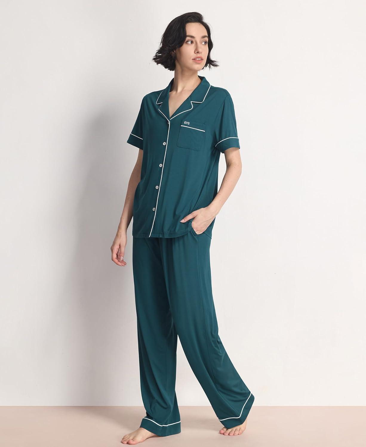 imageGYS Womens Pajama Set Bamboo Viscose Notch Collar Button Down Short Sleeve Top with Pants 2 Piece SleepwearInk Blue