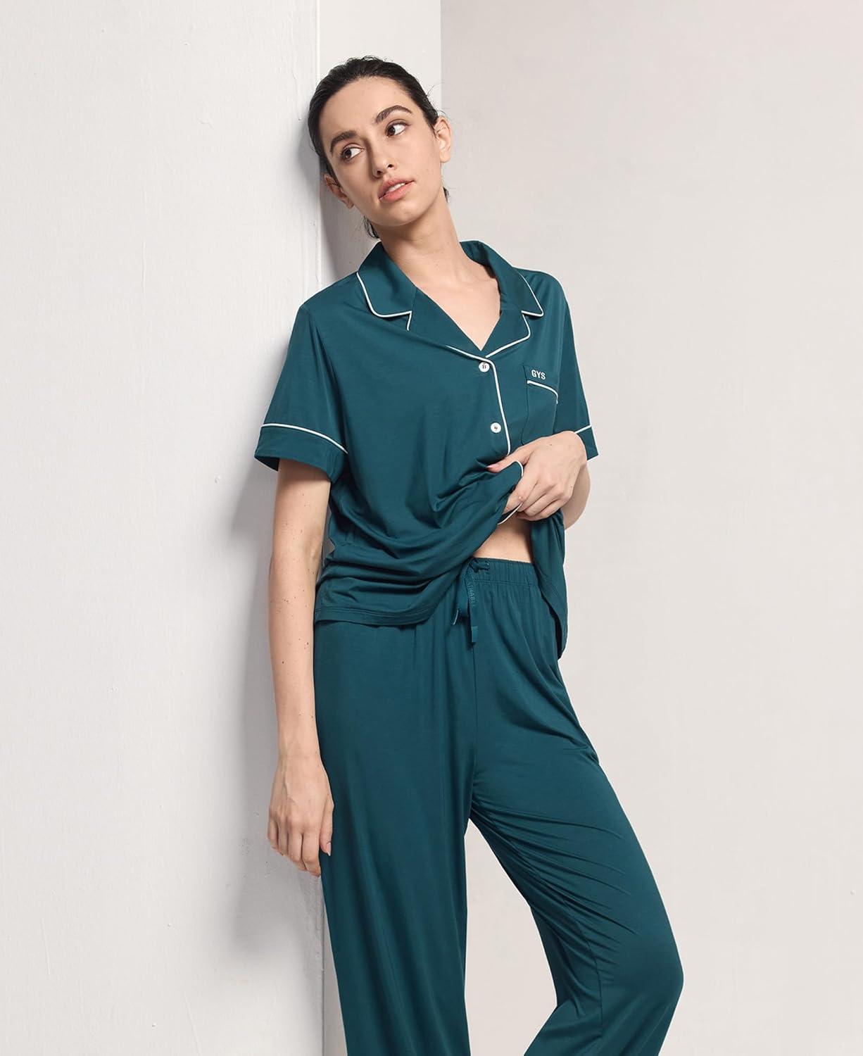 imageGYS Womens Pajama Set Bamboo Viscose Notch Collar Button Down Short Sleeve Top with Pants 2 Piece SleepwearInk Blue