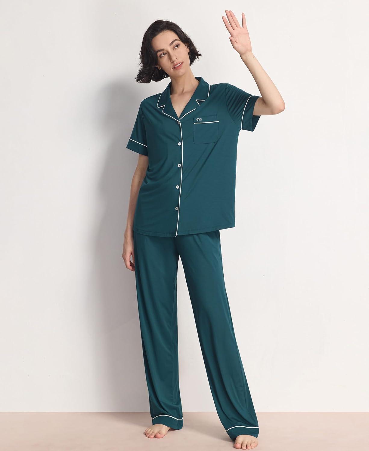 imageGYS Womens Pajama Set Bamboo Viscose Notch Collar Button Down Short Sleeve Top with Pants 2 Piece SleepwearInk Blue