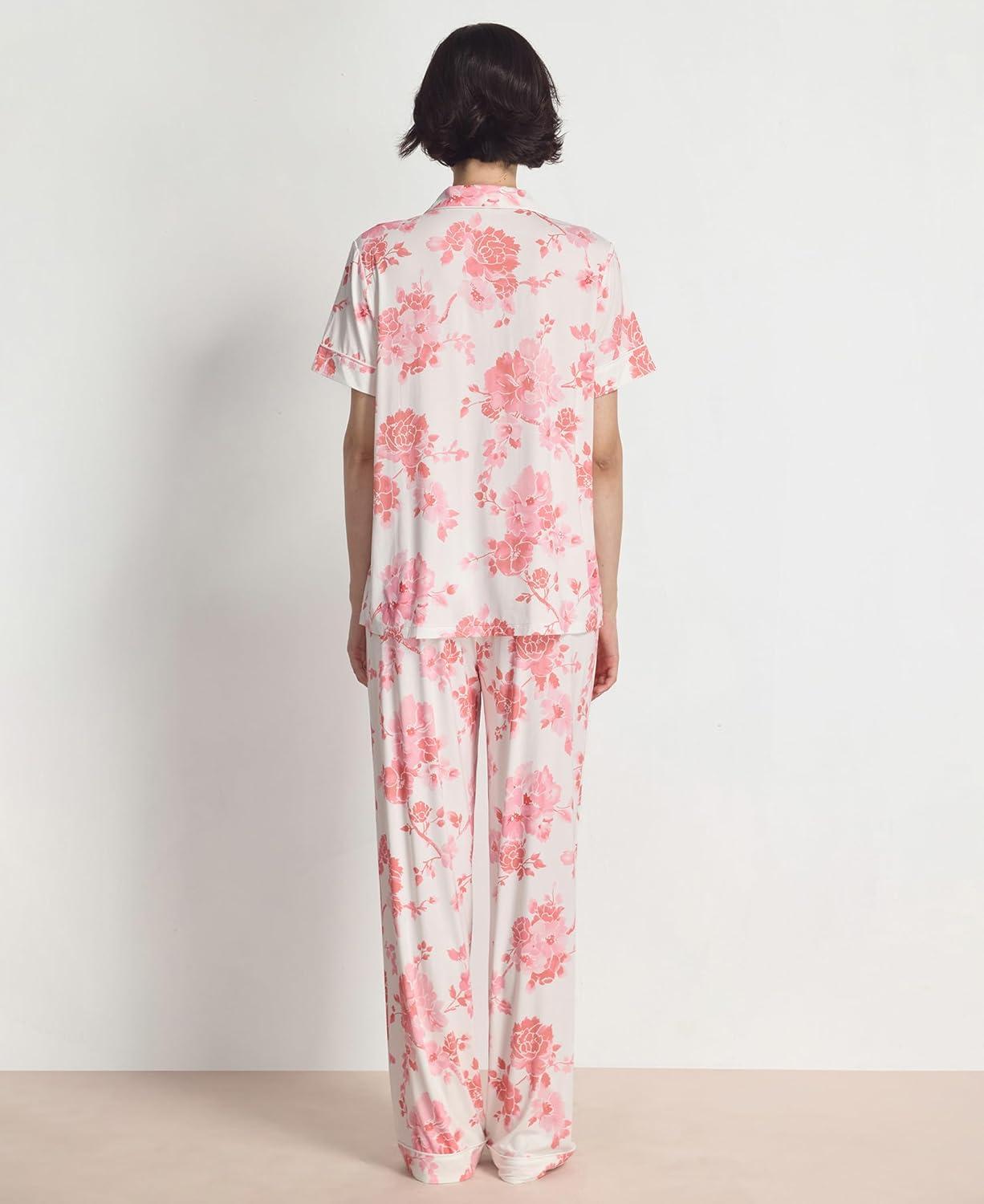 imageGYS Womens Pajama Set Bamboo Viscose Notch Collar Button Down Short Sleeve Top with Pants 2 Piece SleepwearPeony
