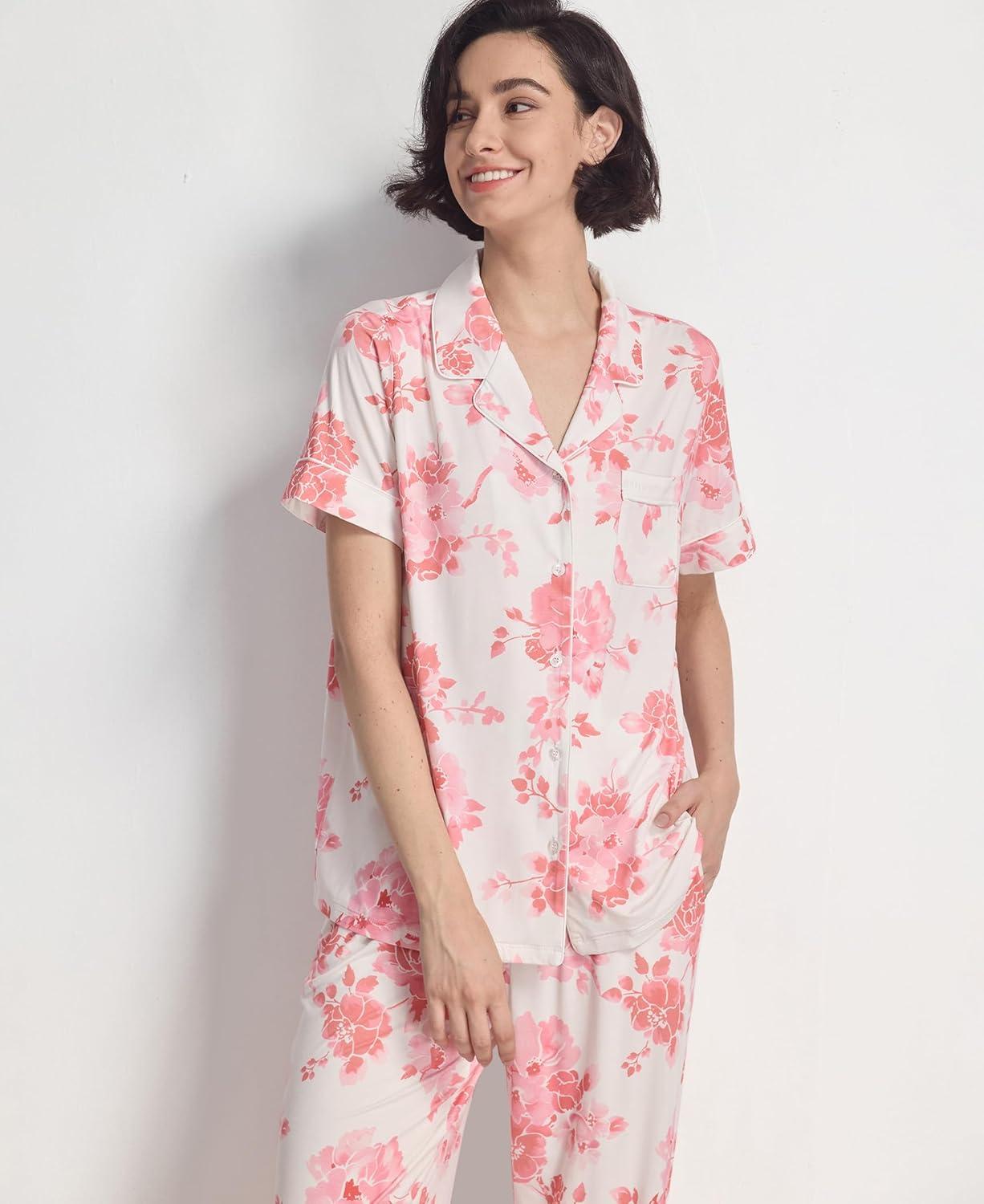 imageGYS Womens Pajama Set Bamboo Viscose Notch Collar Button Down Short Sleeve Top with Pants 2 Piece SleepwearPeony