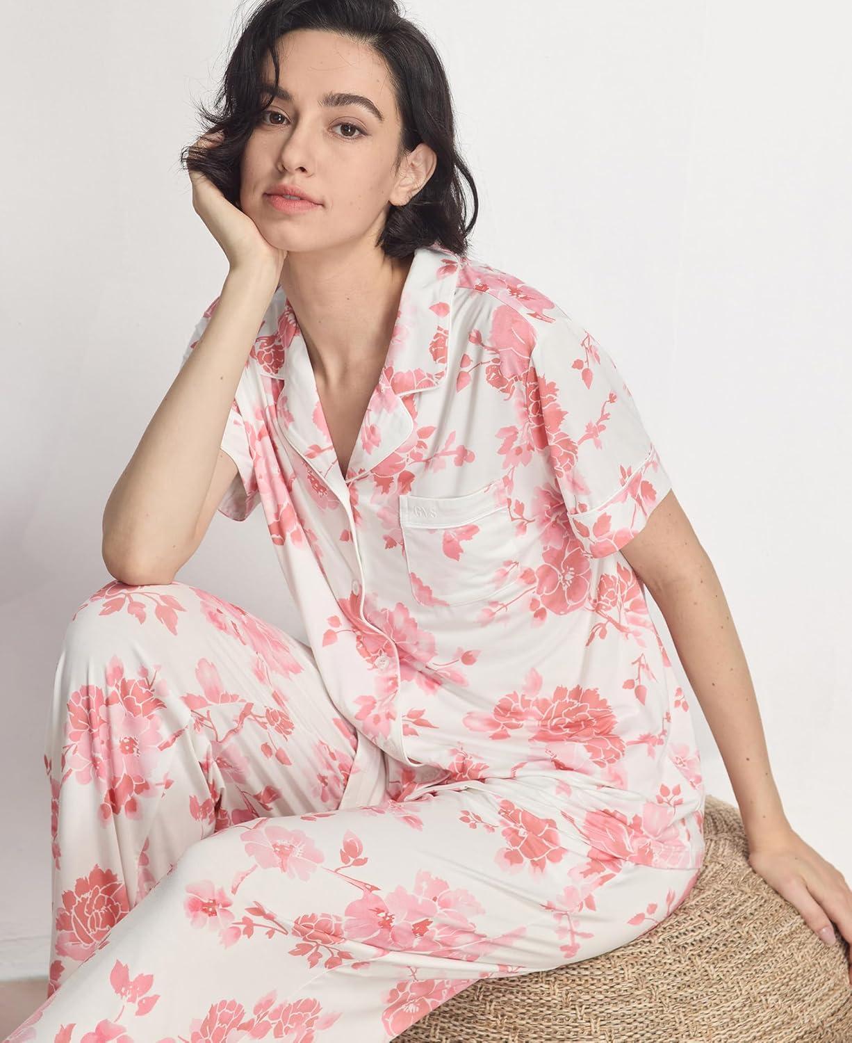 imageGYS Womens Pajama Set Bamboo Viscose Notch Collar Button Down Short Sleeve Top with Pants 2 Piece SleepwearPeony