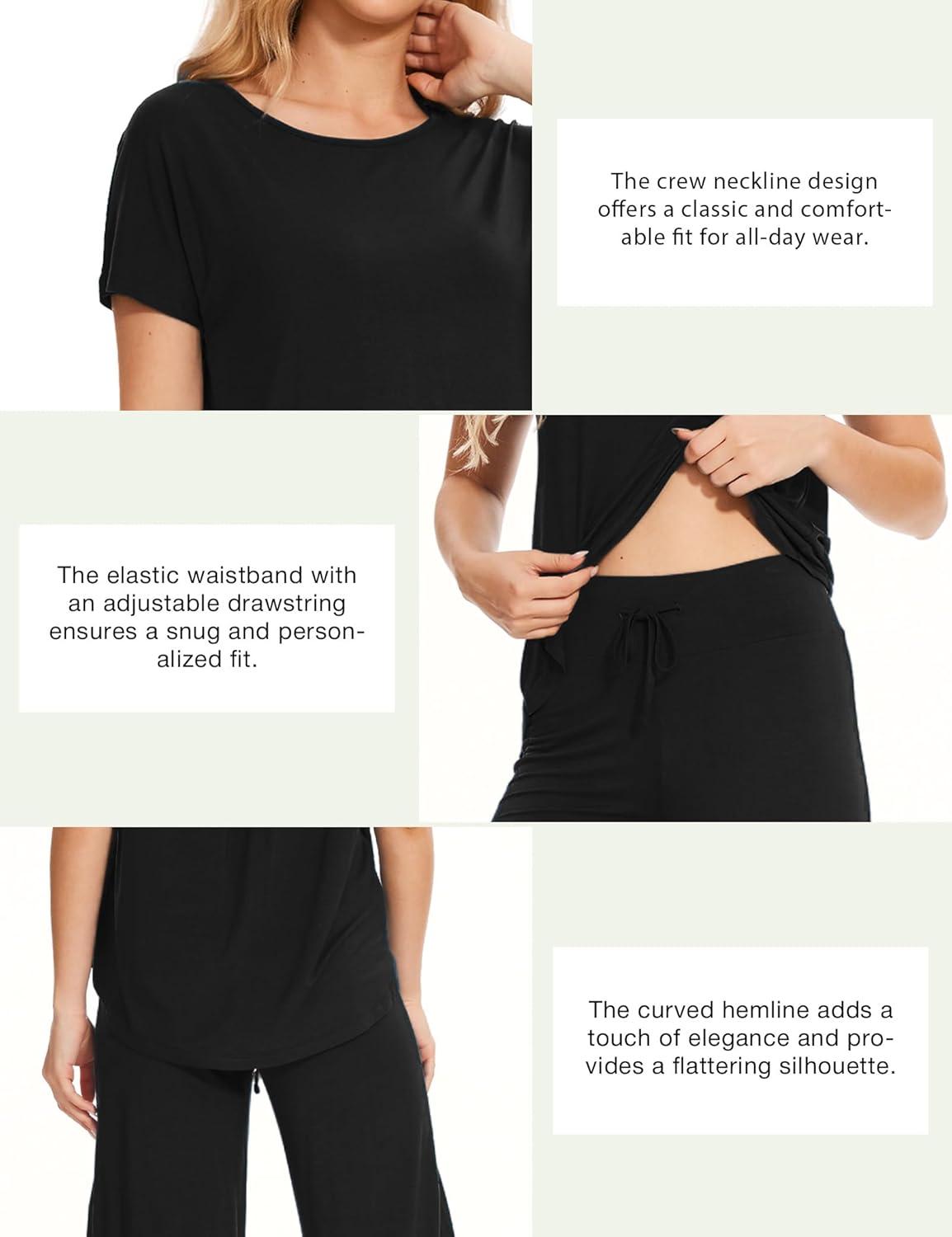 imageGYS Womens Pajama Sets Short Sleeve Top and Capri Pant Solid Color Sleepwear Viscose from BambooBlack