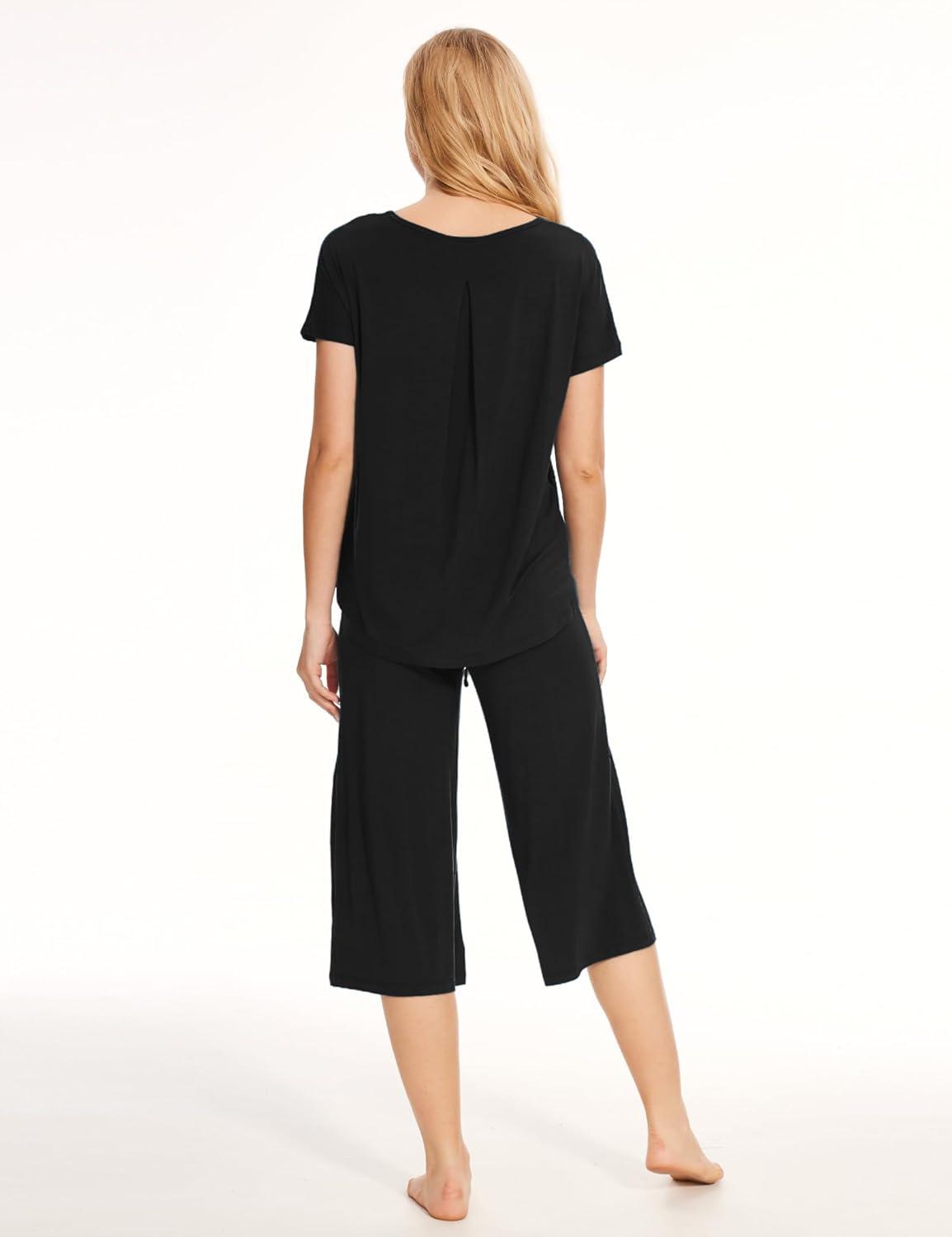 imageGYS Womens Pajama Sets Short Sleeve Top and Capri Pant Solid Color Sleepwear Viscose from BambooBlack