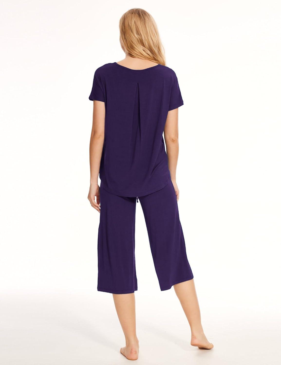 imageGYS Womens Pajama Sets Short Sleeve Top and Capri Pant Solid Color Sleepwear Viscose from BambooDeep Purple