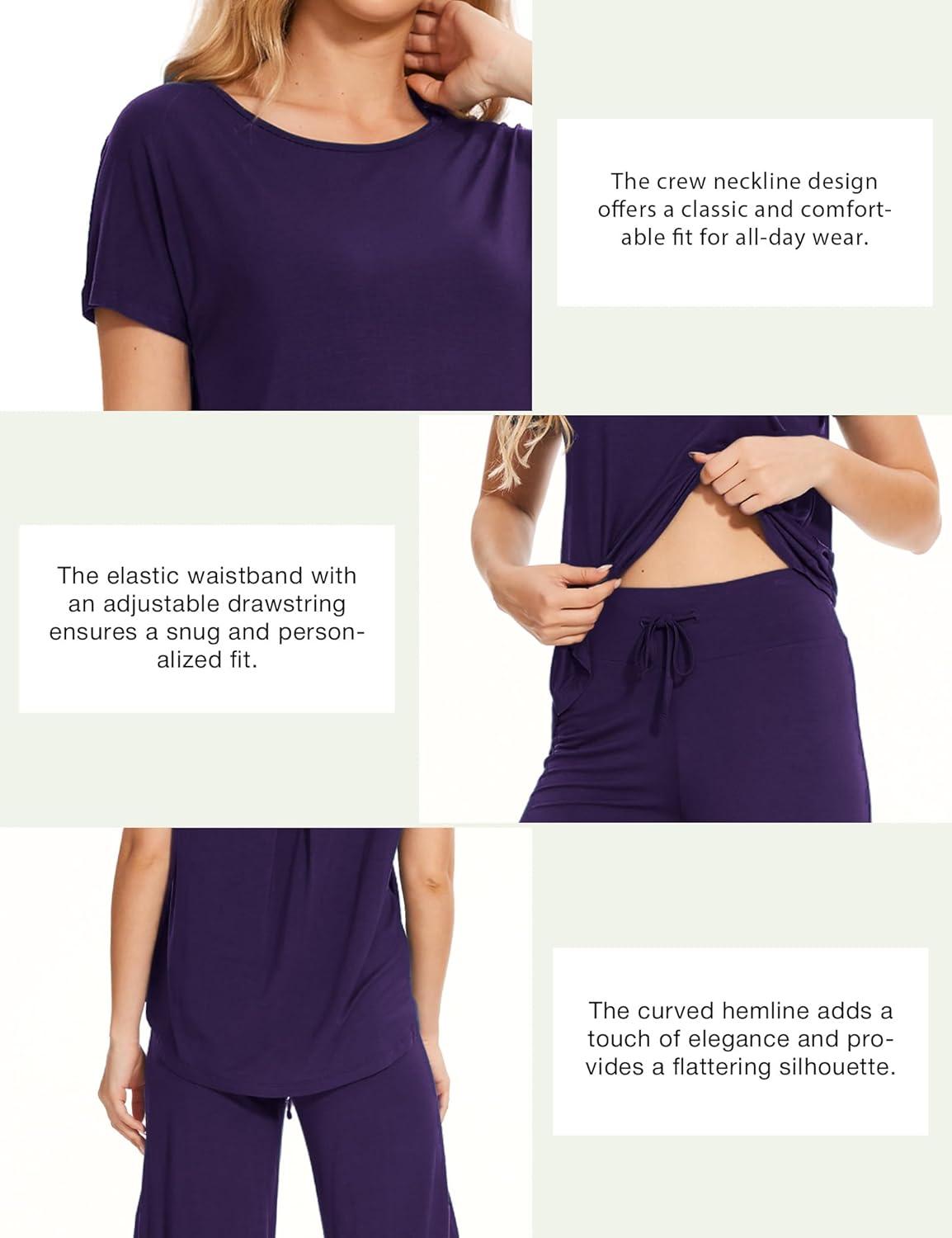 imageGYS Womens Pajama Sets Short Sleeve Top and Capri Pant Solid Color Sleepwear Viscose from BambooDeep Purple