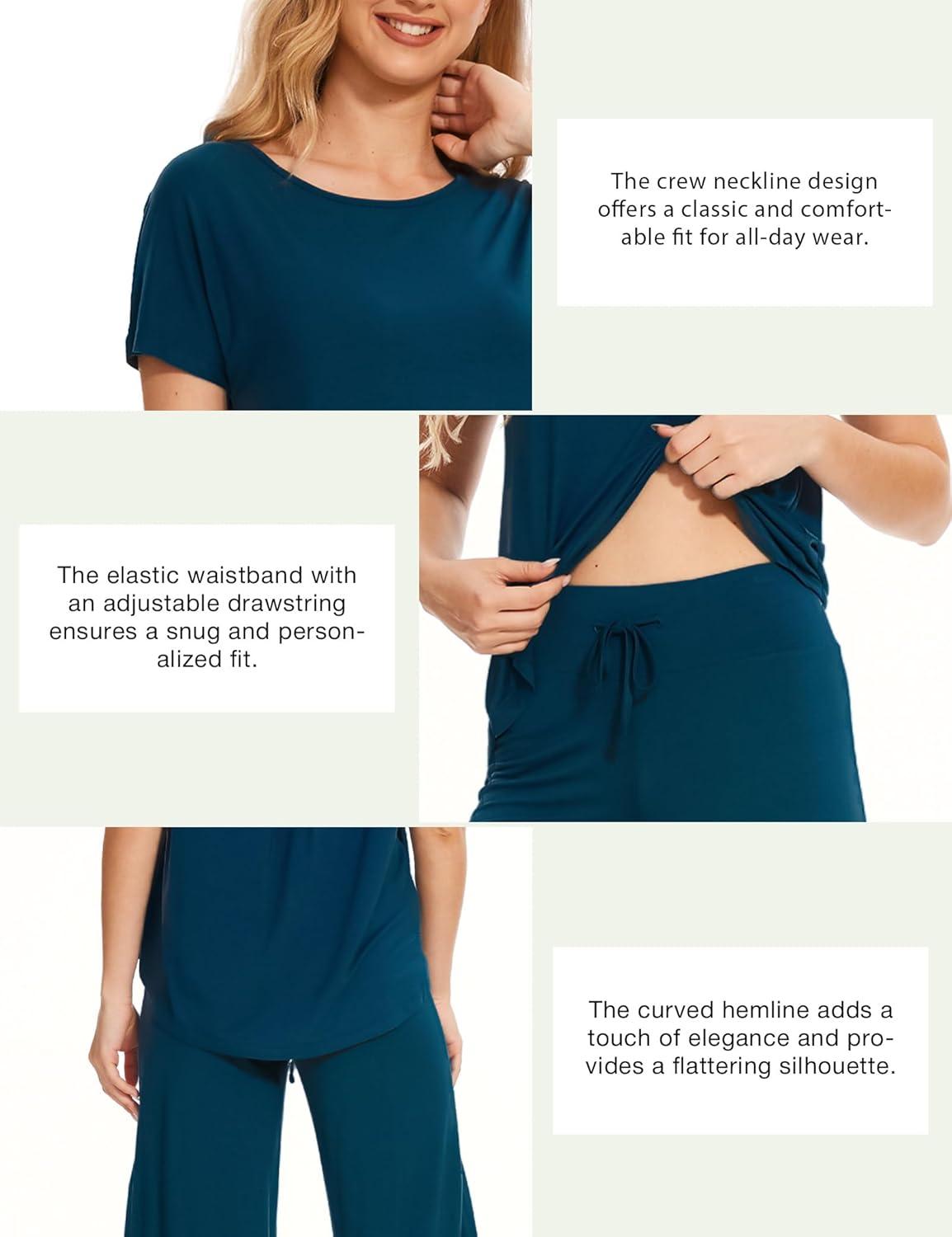 imageGYS Womens Pajama Sets Short Sleeve Top and Capri Pant Solid Color Sleepwear Viscose from BambooInk Blue