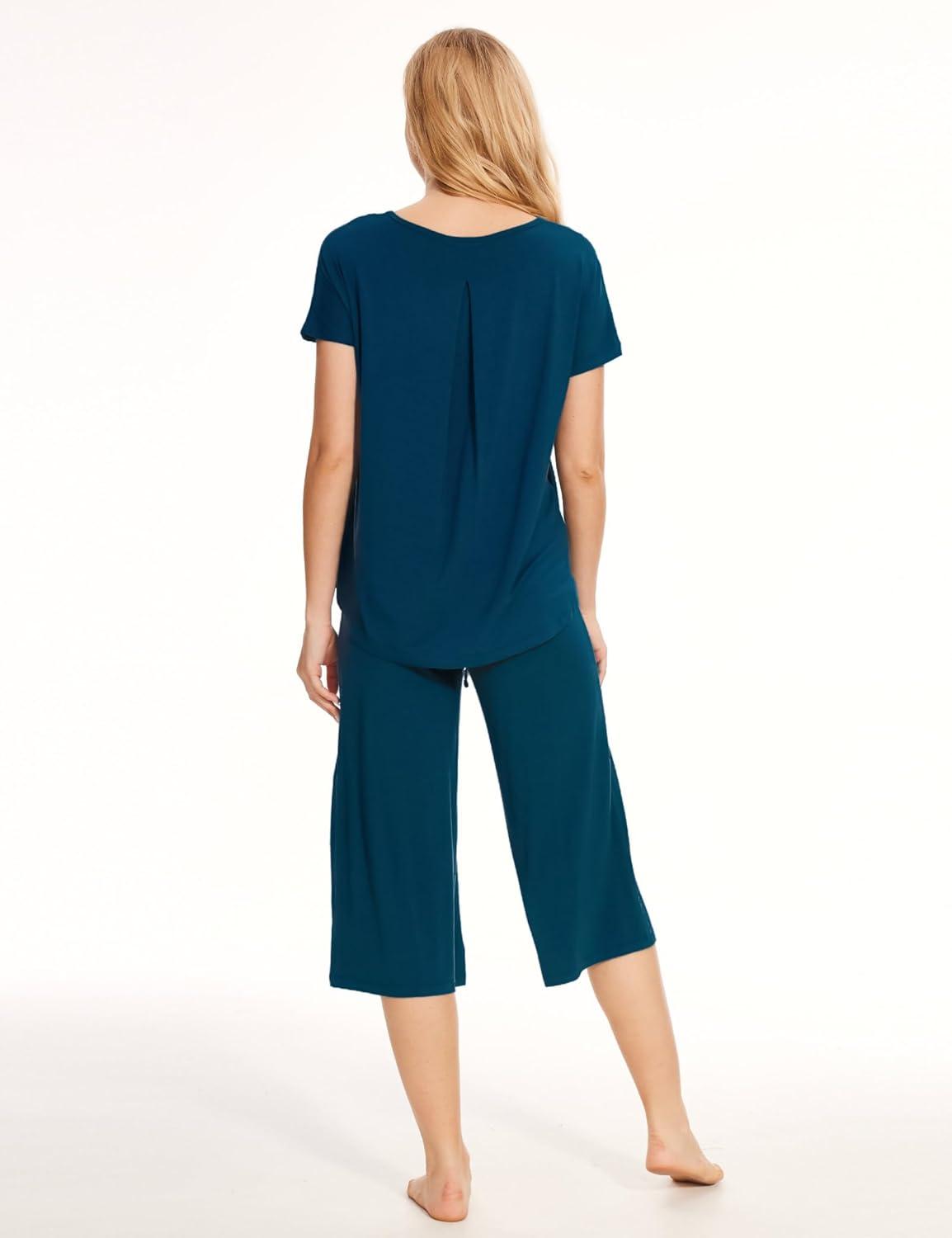 imageGYS Womens Pajama Sets Short Sleeve Top and Capri Pant Solid Color Sleepwear Viscose from BambooInk Blue