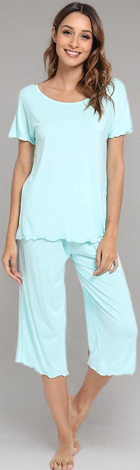 imageLazyCozy Womens Pajama Sets Viscose from Bamboo Pj Set Short Sleeve Top with Capri Pants Sleepwear 2 Piece Lounge SetAqua
