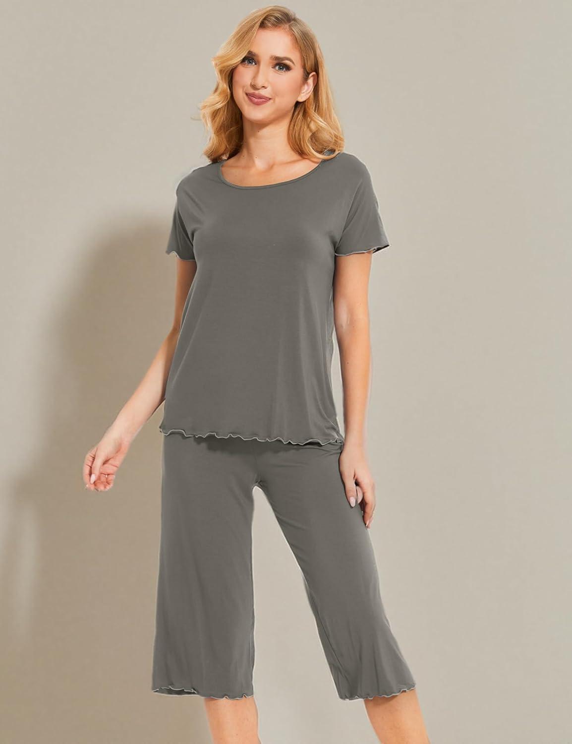 imageLazyCozy Womens Pajama Sets Viscose from Bamboo Pj Set Short Sleeve Top with Capri Pants Sleepwear 2 Piece Lounge SetIron Grey