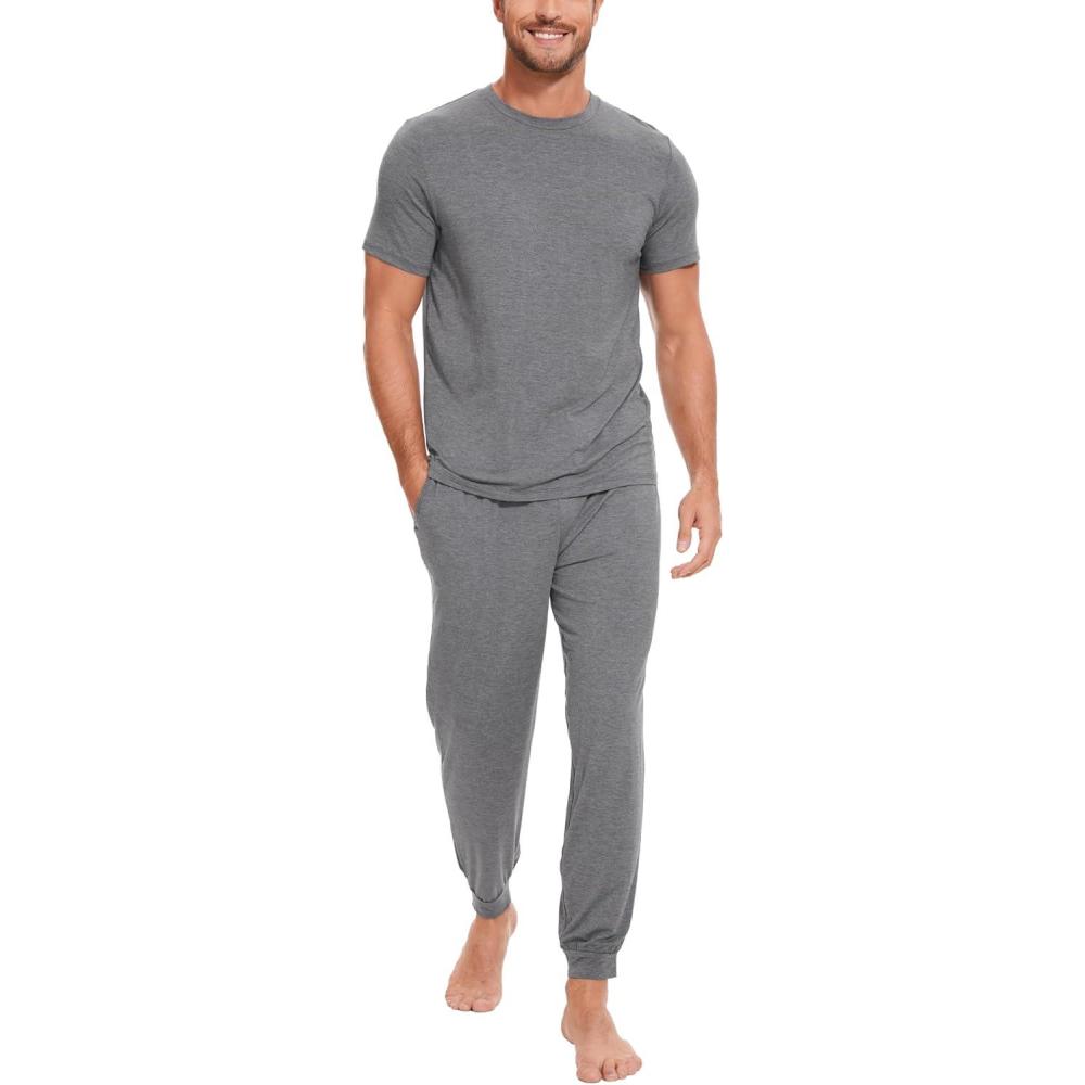 imageGYS Bamboo Viscose Mens Pajama Sets Short Sleeve Solid Color Soft Lounge SetDark Heather Grey