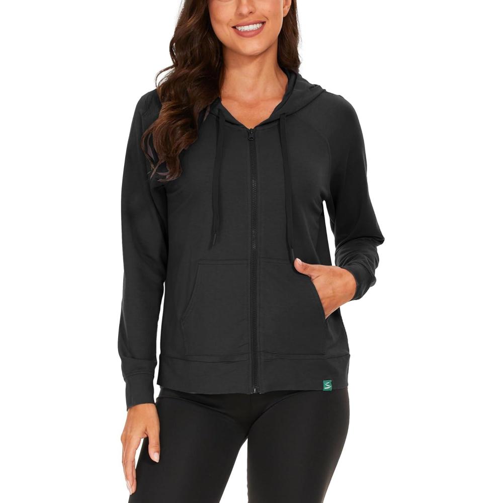 imageGYS Full Zip Up Hoodies for Women Bamboo Viscose Lightweight Hooded Sweatshirt with Pocket Casual Long Sleeve Terry TopBlack